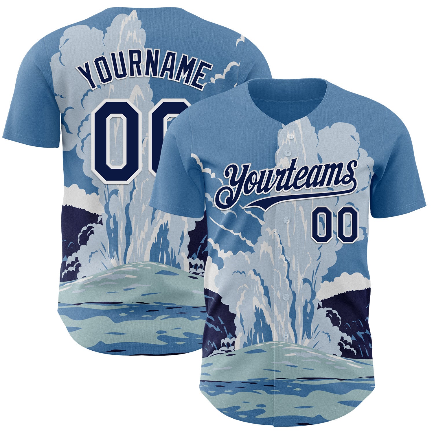 Fansidea-artist-collabs Custom Blue Navy-White Aloysius Patrimonio Old Faithful Yellowstone National Park WPA Authentic Baseball Jersey - $34.99 at Proof Eyewear