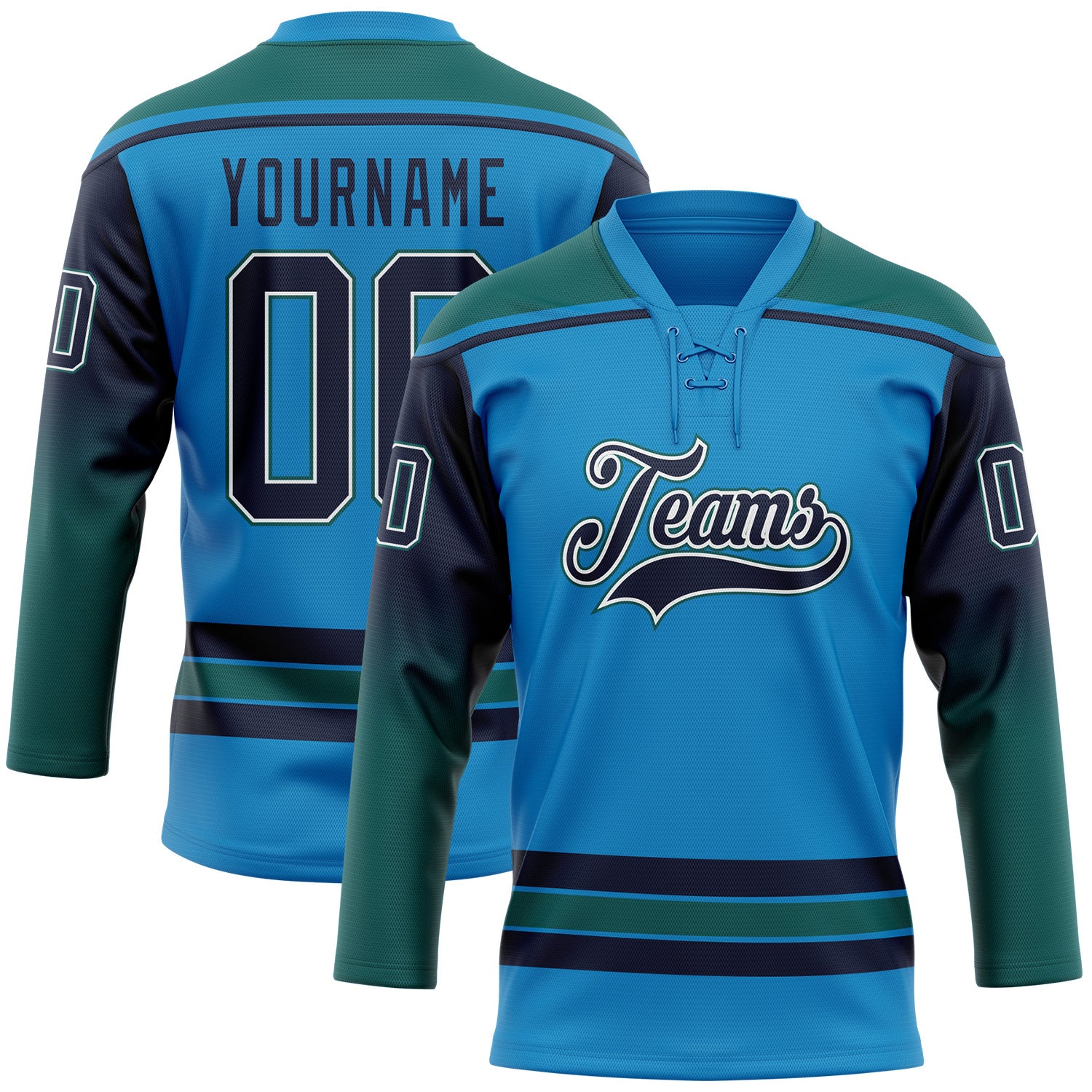 FansIdea Custom Blue Navy Teal-White Gradient Sleeves Lace Neck Hockey Jersey - $29.99 at Proof Eyewear