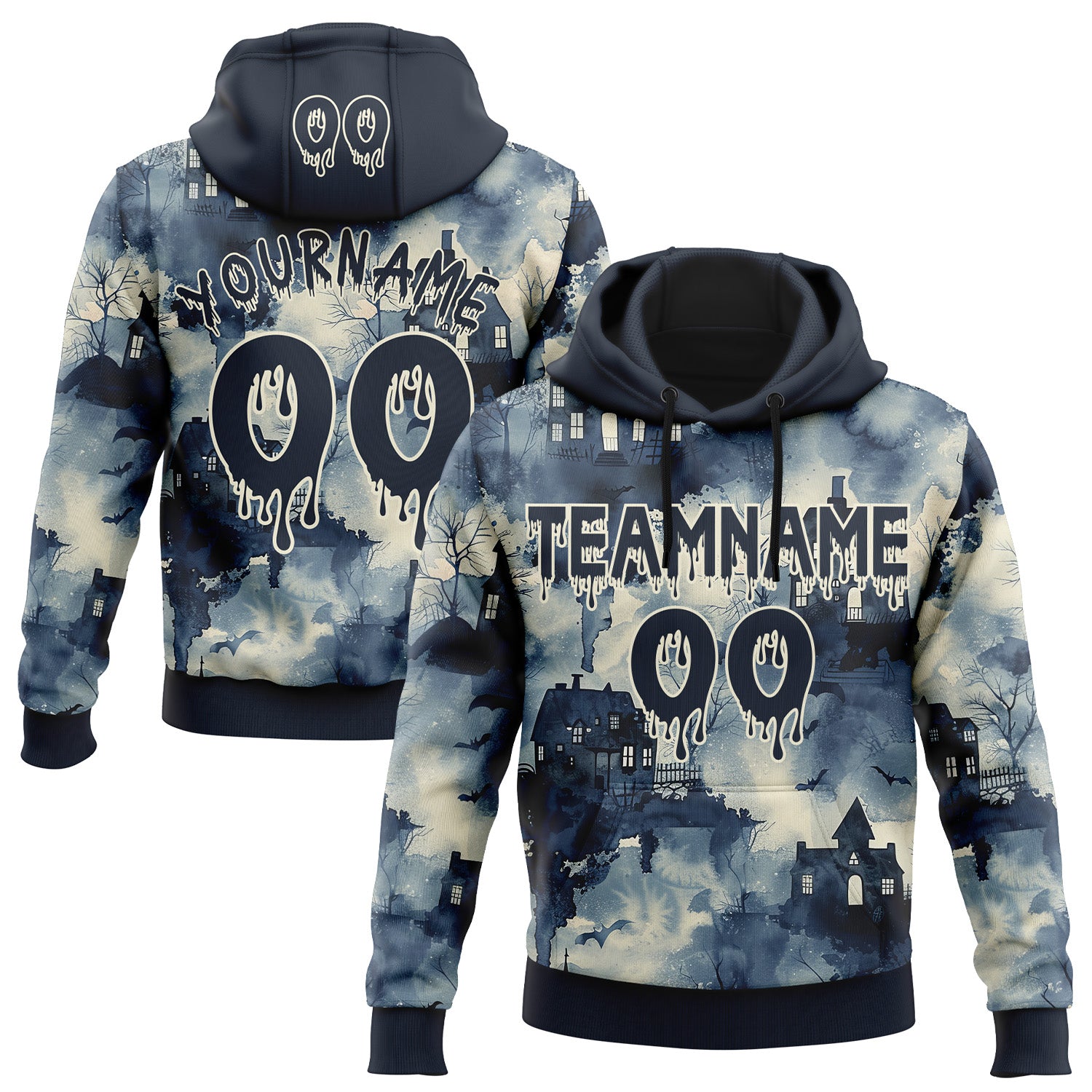 FansIdea Custom  Blue Navy-Cream Halloween Spooky Haunted House Pullover Sweatshirt Hoodie - $32.99 at Proof Eyewear