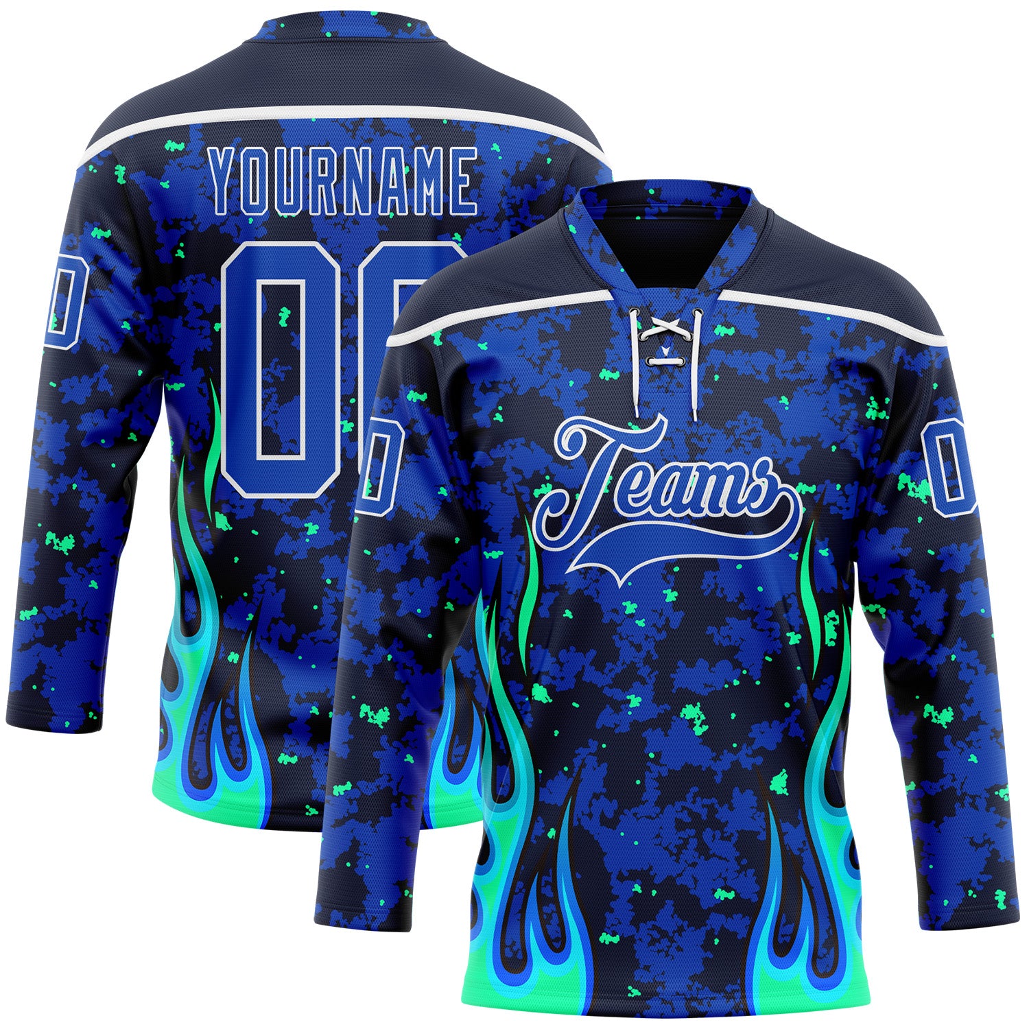 FansIdea Custom Camo Thunder Blue Navy Green-White 3D Camouflage Flame Hockey Lace Neck Jersey - $29.99 at Proof Eyewear