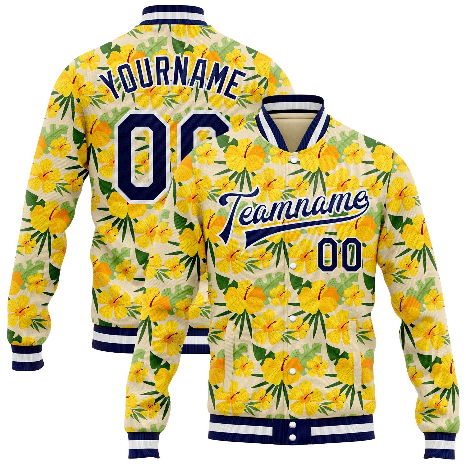 FansIdea Custom Cream Navy Yellow-White Hawaii State Flower Yellow Hibiscus Bomber Full-Snap Varsity Letterman Jacket - $38.99 at Proof Eyewear