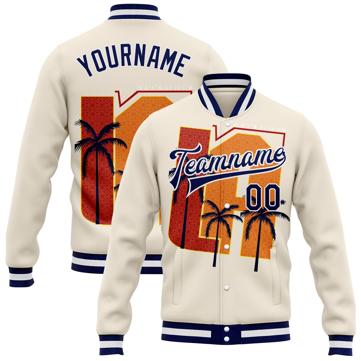 FansIdea Custom Cream Navy-White Los Angeles Tropical Palm Trees Bomber Full-Snap Varsity Letterman Jacket - $38.99 at Proof Eyewear