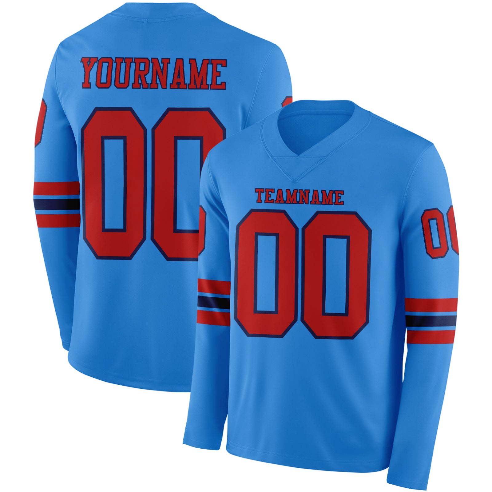 FansIdea Custom Powder Blue Red-Navy Long Sleeve Authentic Football Jersey - $24.99 at Proof Eyewear