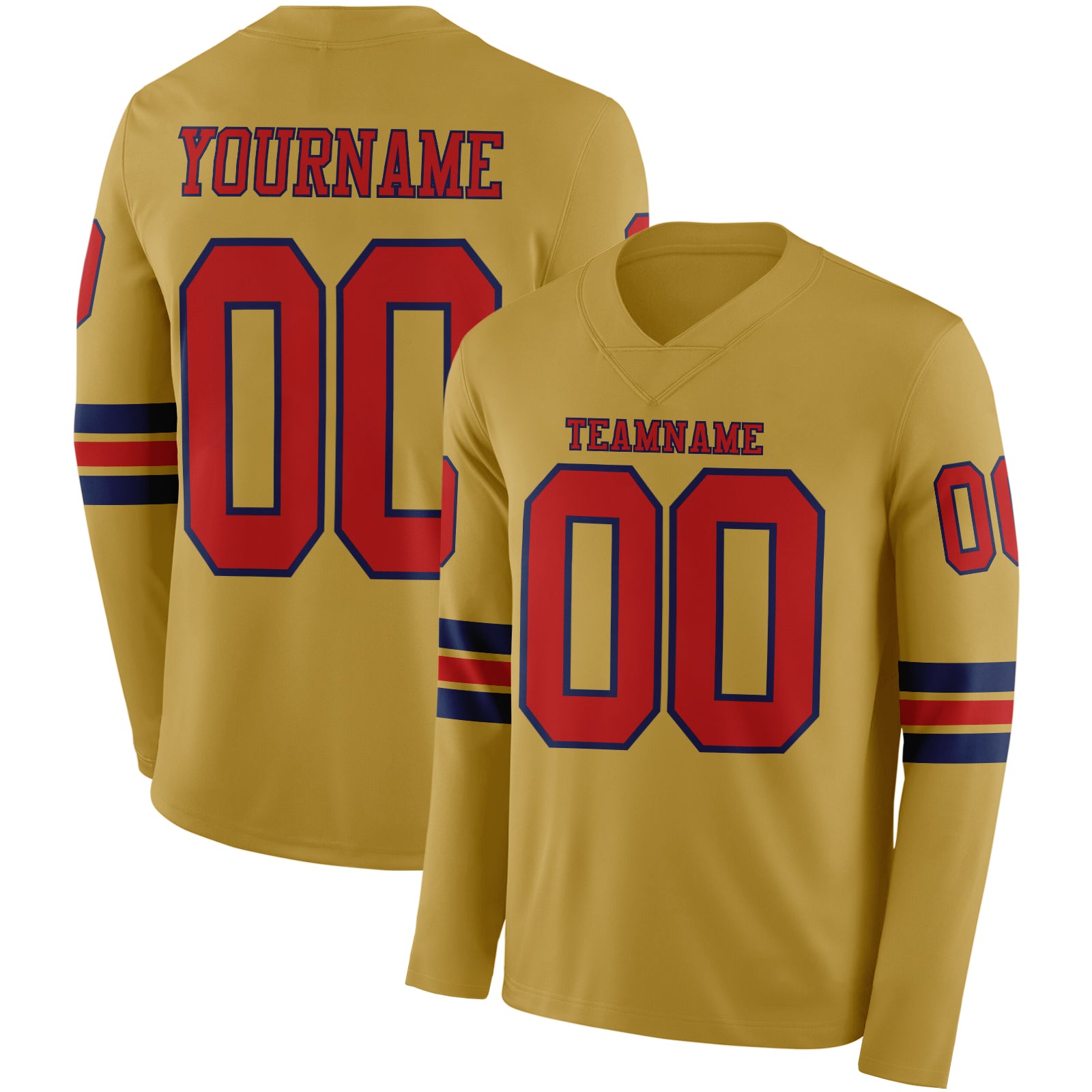 FansIdea Custom Old Gold Red-Navy Long Sleeve Authentic Football Jersey - $24.99 at Proof Eyewear