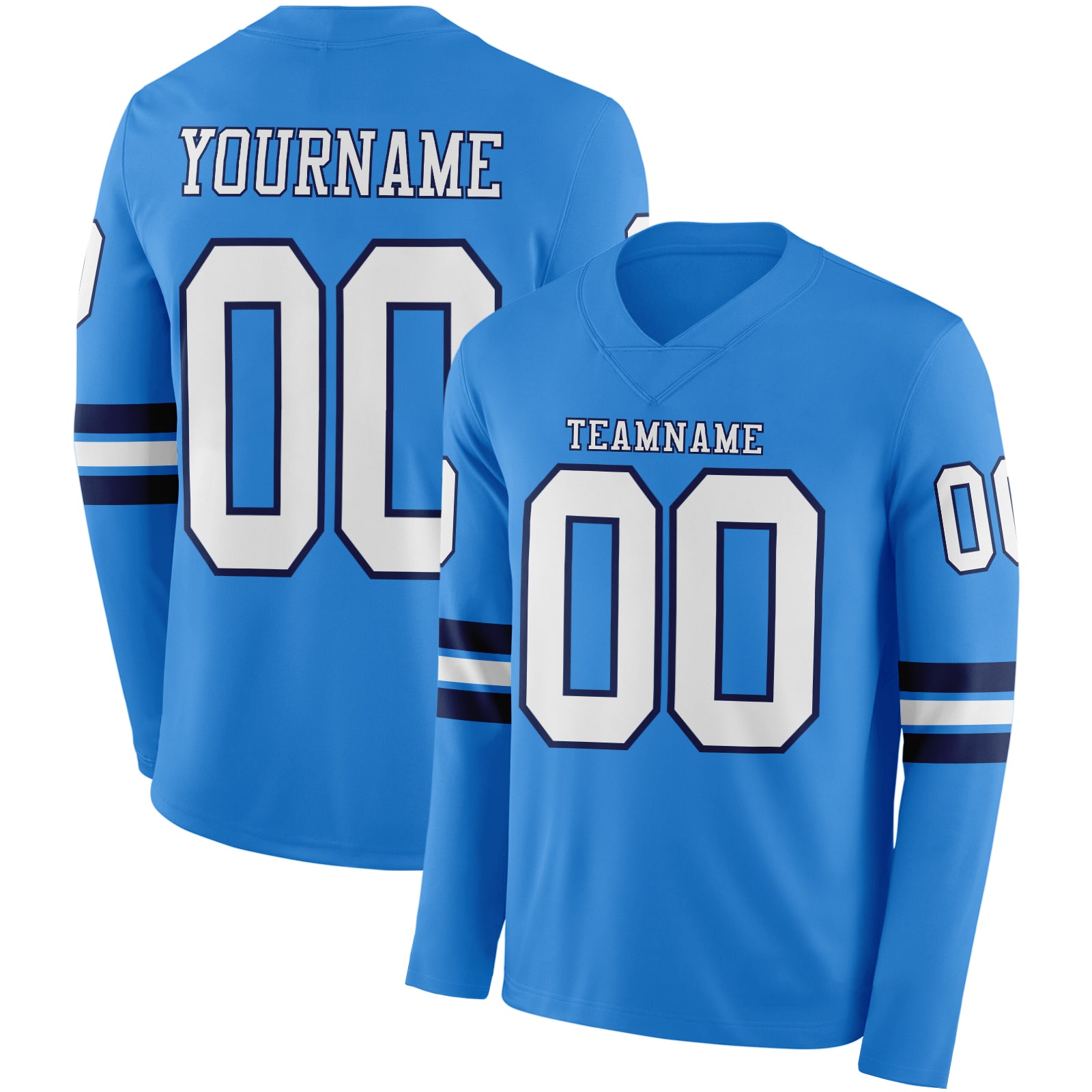 FansIdea Custom Powder Blue White-Navy Long Sleeve Authentic Football Jersey - $24.99 at Proof Eyewear
