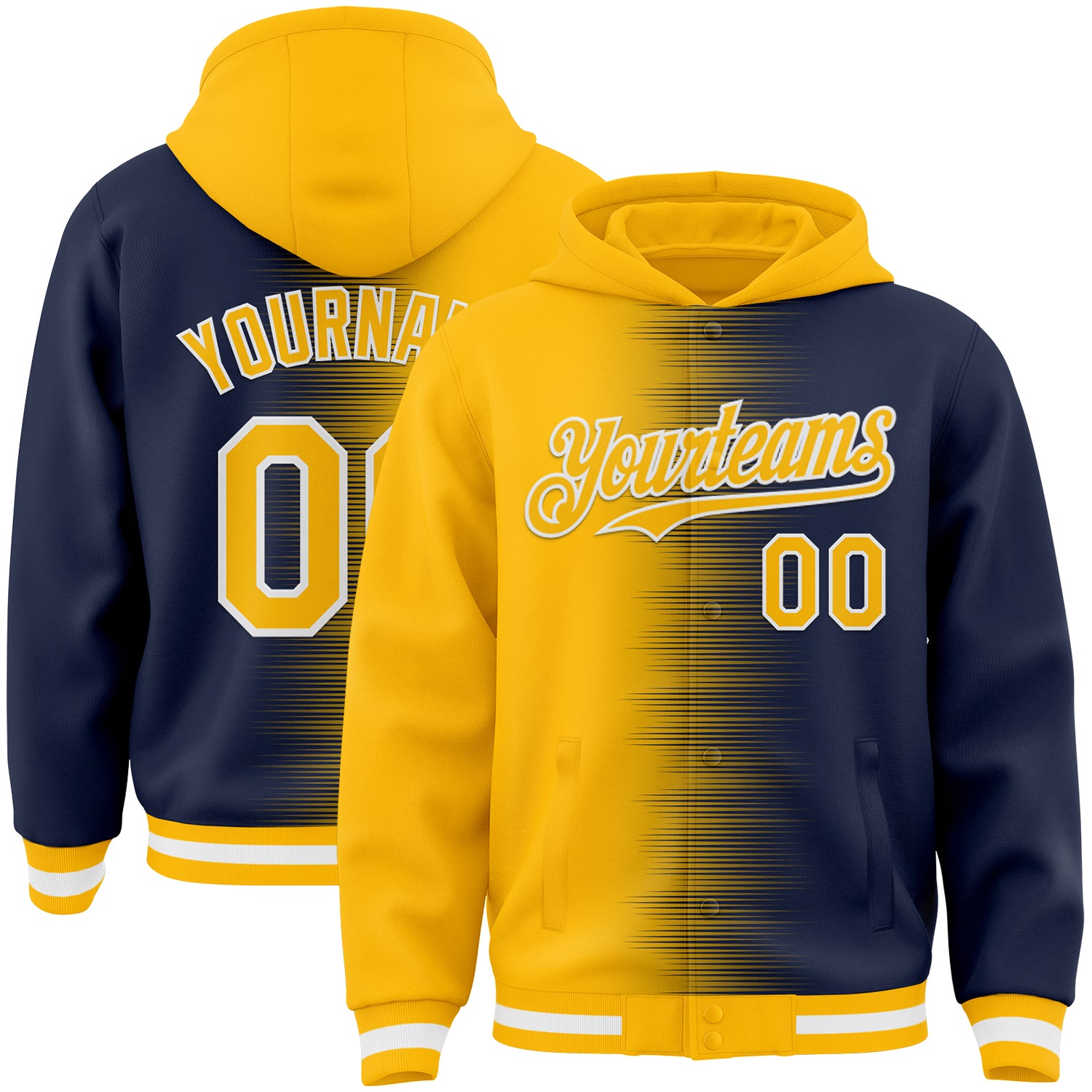 FansIdea Custom Gold Navy-White Gradient Line Bomber Full-Snap Varsity Letterman Hoodie Jacket - $38.99 at Proof Eyewear