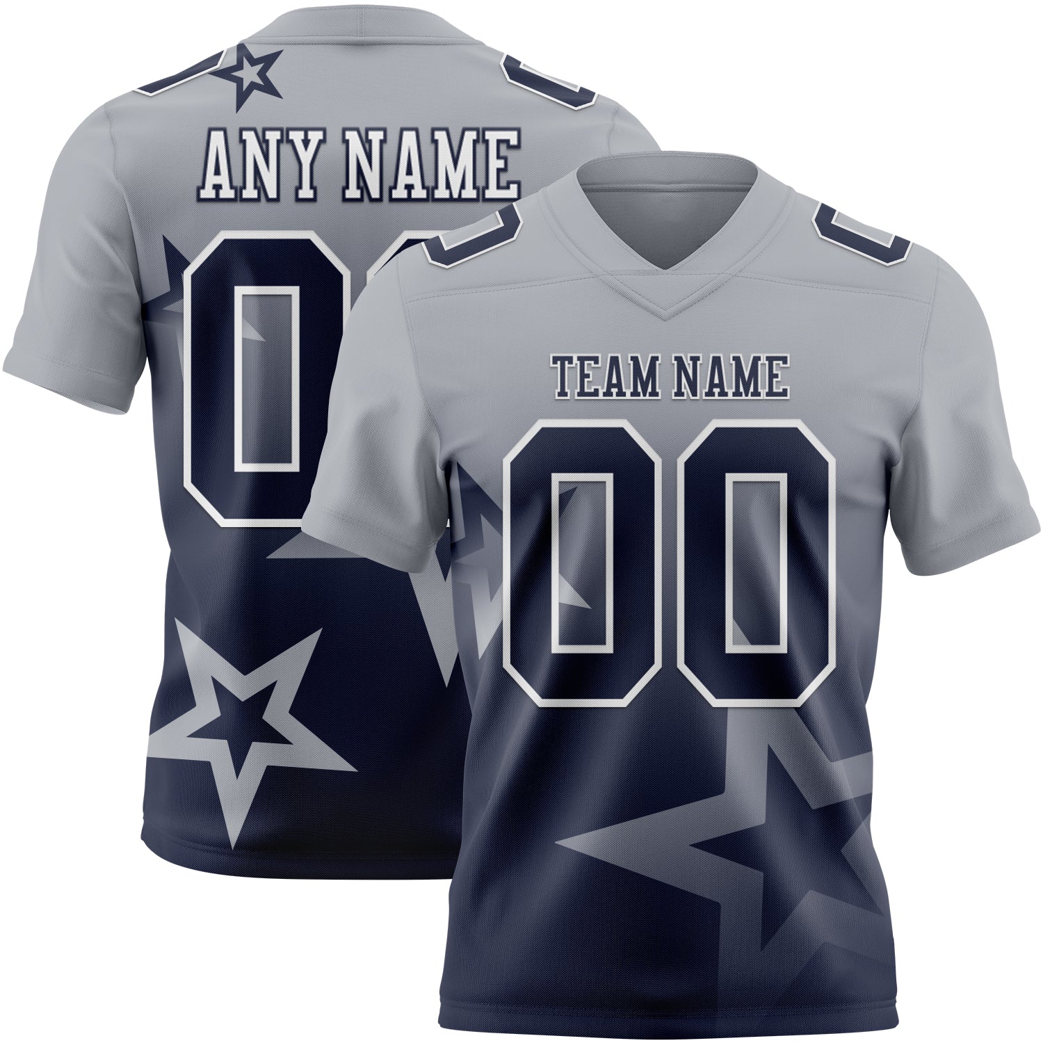 FansIdea Custom Gray Navy-White Authentic Gradient Style Twinkle Star Football Jersey - $19.99 at Proof Eyewear