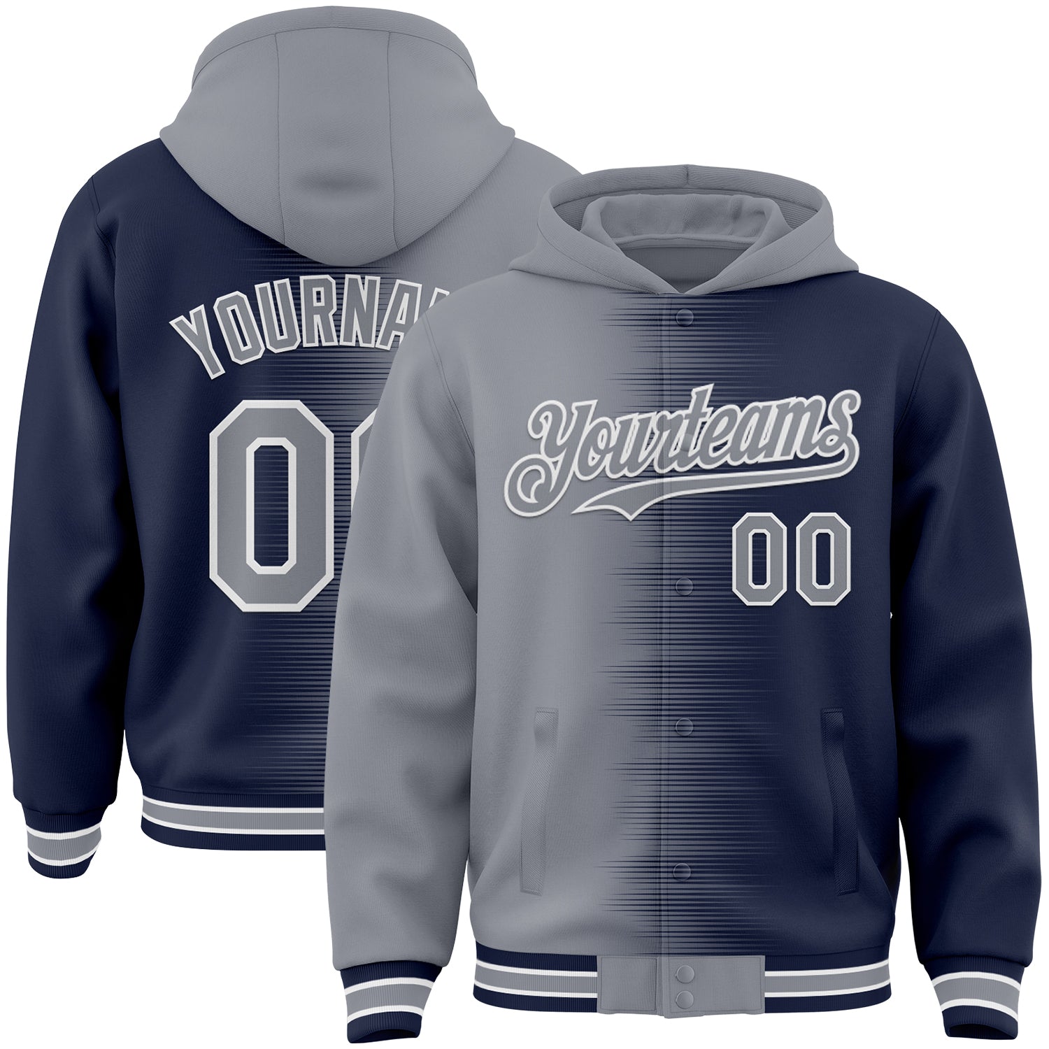 FansIdea Custom Gray Navy-White Gradient Line Bomber Full-Snap Varsity Letterman Hoodie Jacket - $38.99 at Proof Eyewear