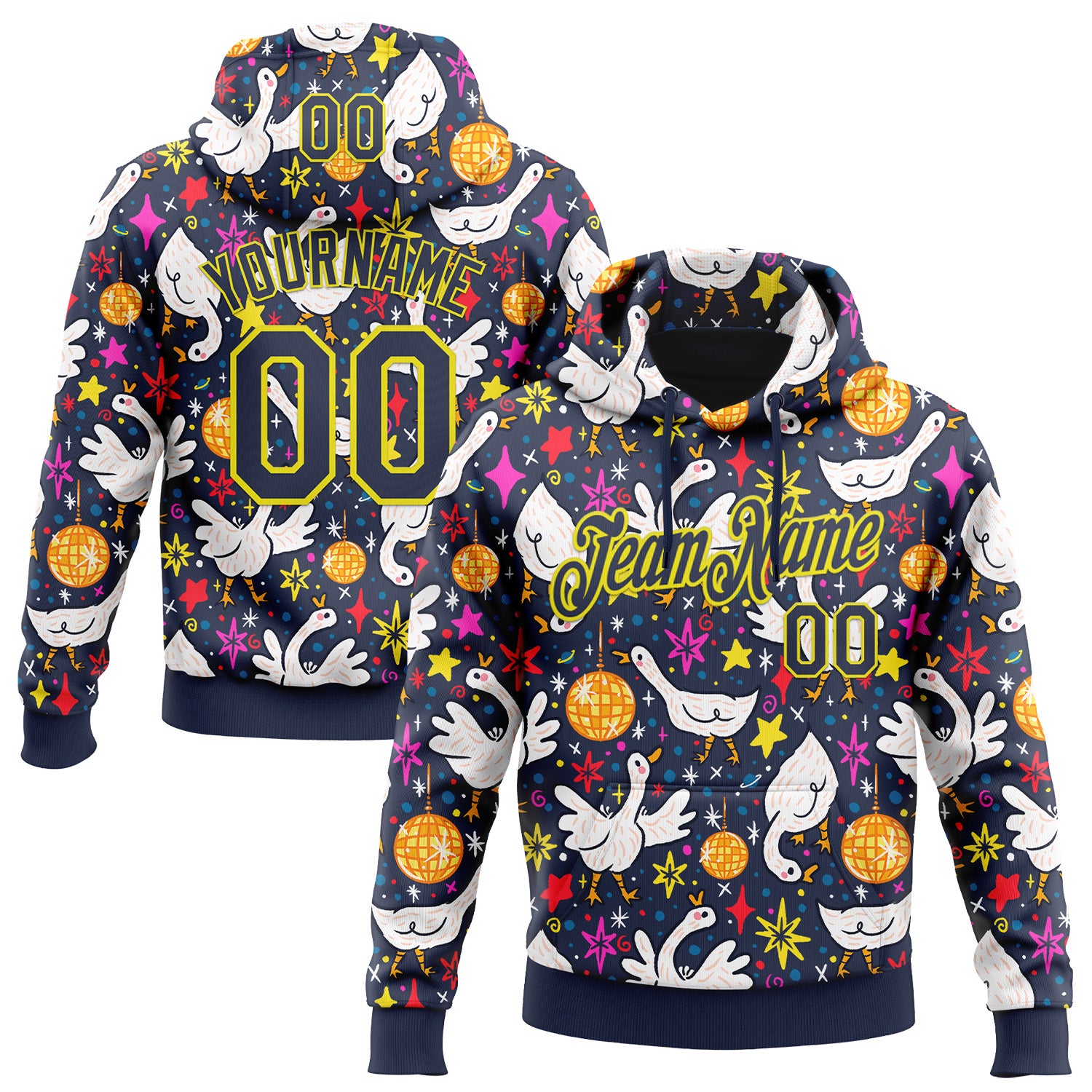 Fansidea-artist-collabs Custom Stitched Navy Light Yellow 3D Emi Bee Cosmic Disco Geese Sports Pullover Sweatshirt Hoodie - $37.99 at Proof Eyewear