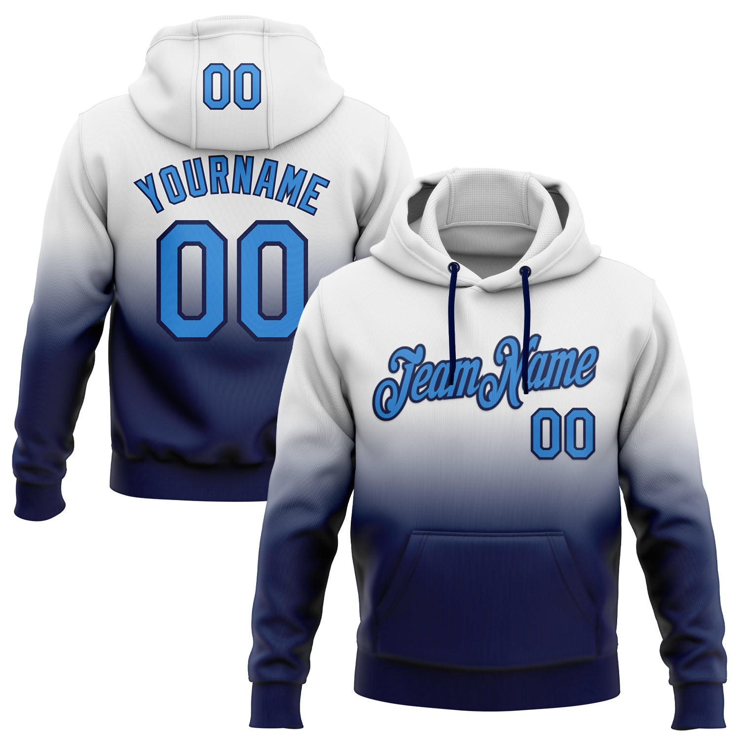 FansIdea Custom Stitched White Powder Blue-Navy Fade Fashion Sports Pullover Sweatshirt Hoodie - $29.99 at Proof Eyewear