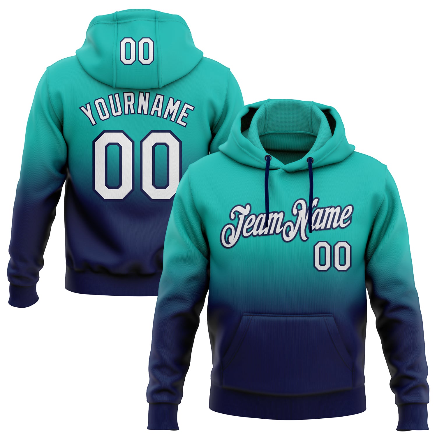 FansIdea Custom Stitched Aqua White-Navy Fade Fashion Sports Pullover Sweatshirt Hoodie - $29.99 at Proof Eyewear