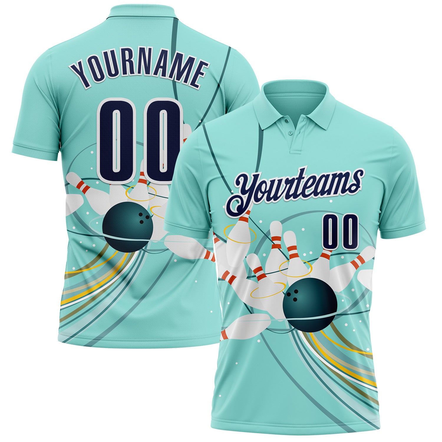 FansIdea Custom Ice Blue Navy-White Bowling Ball And Pins Strike Performance Polo Shirt - $19.99 at Proof Eyewear