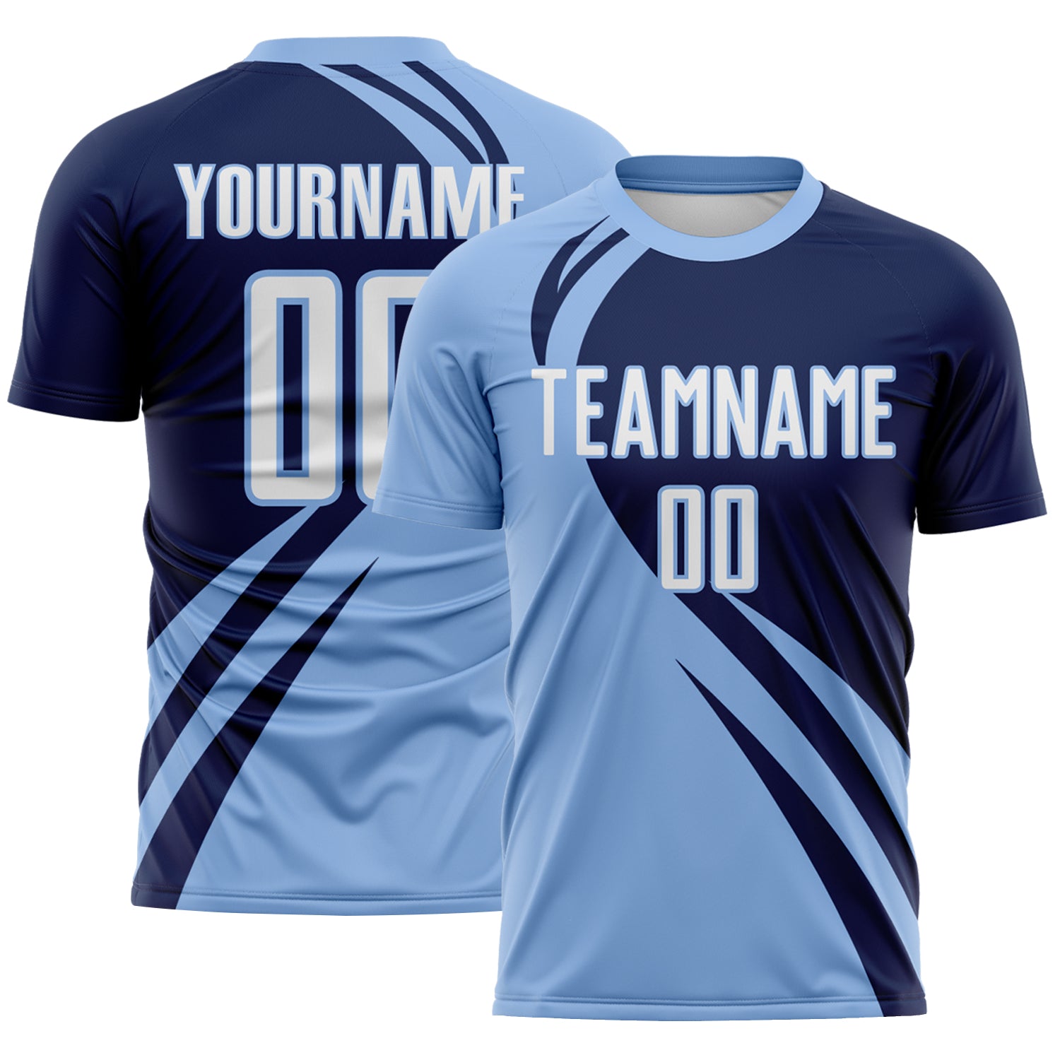 FansIdea Custom Light Blue White-Navy Diagonal Streamline Color Block Swirl Curve Lines Sublimation Soccer Uniform Jersey - $16.99 at Proof Eyewear