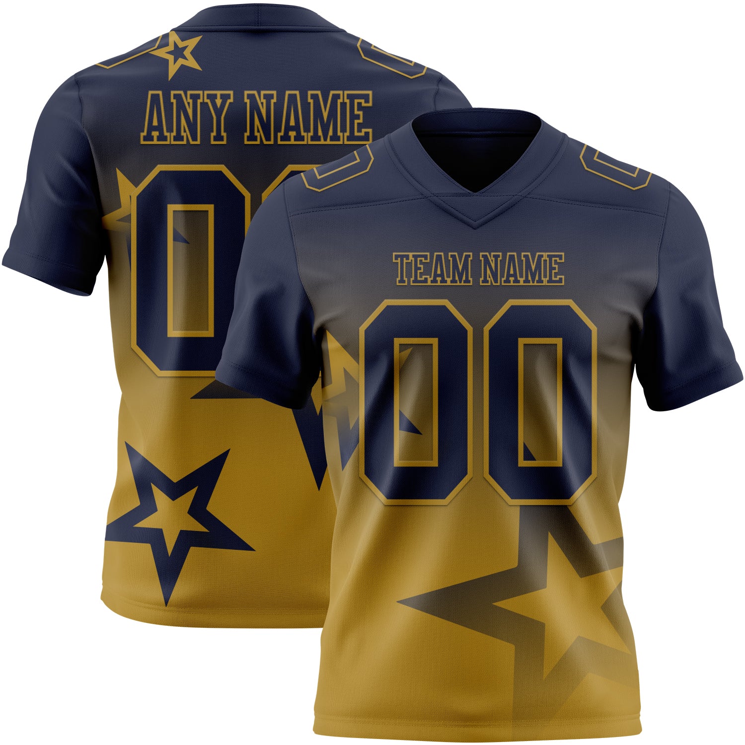 FansIdea Custom Navy-Old Gold Authentic Gradient Style Twinkle Star Football Jersey - $19.99 at Proof Eyewear