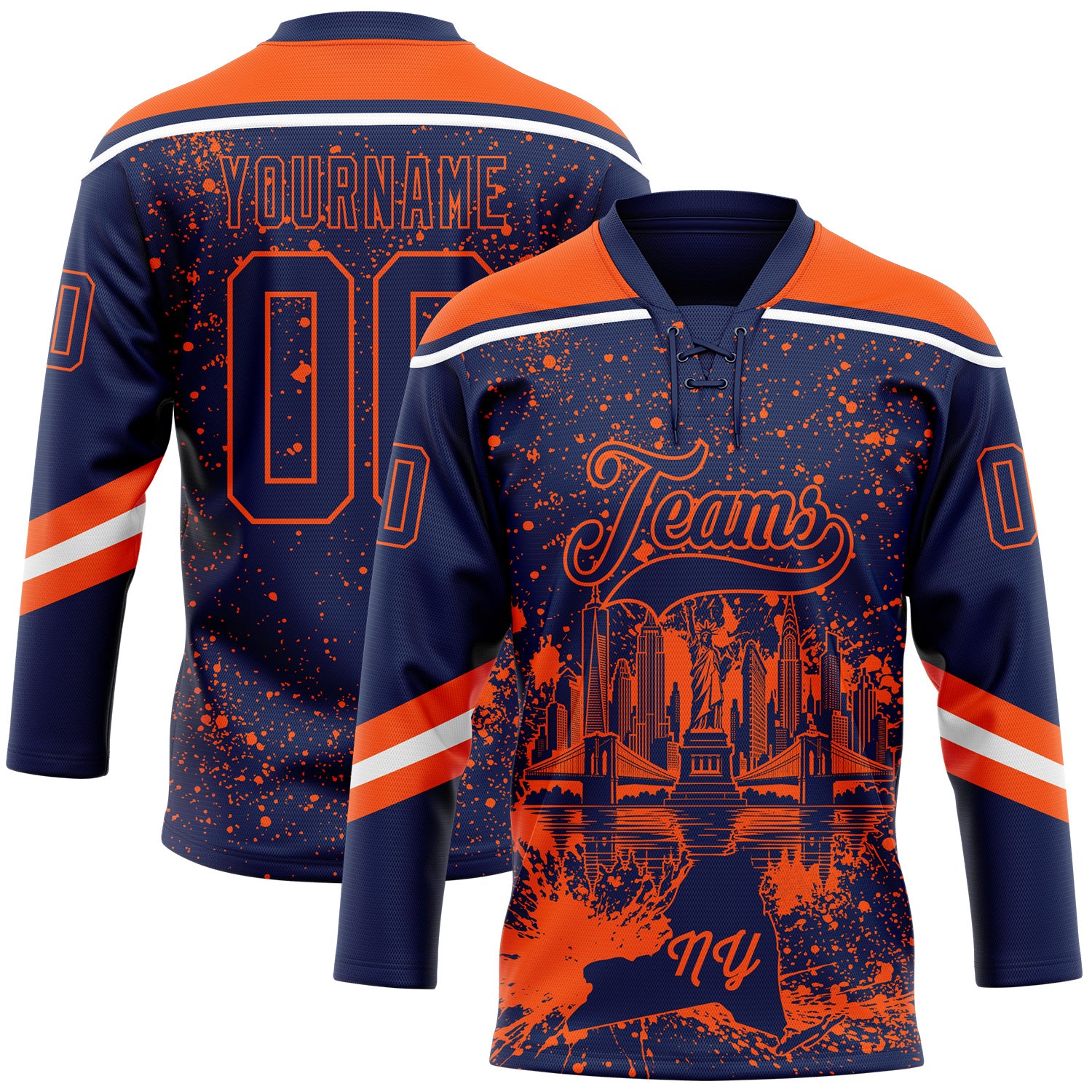 FansIdea Custom Navy Orange-White New York NY City Skyline State Pride Paint Splatter Lace Neck Hockey Jersey - $29.99 at Proof Eyewear