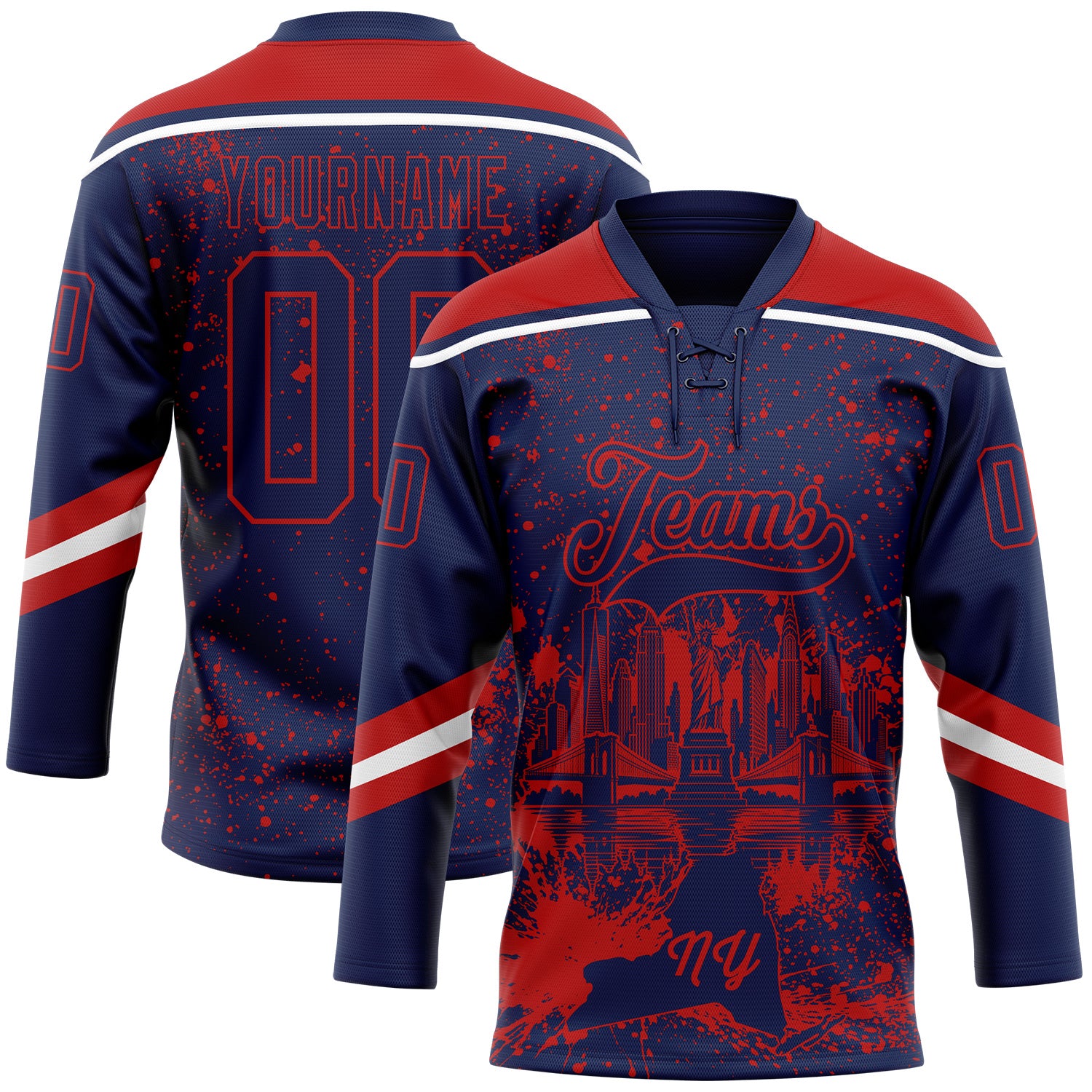 FansIdea Custom Navy Red-White New York NY City Skyline State Pride Paint Splatter Lace Neck Hockey Jersey - $29.99 at Proof Eyewear
