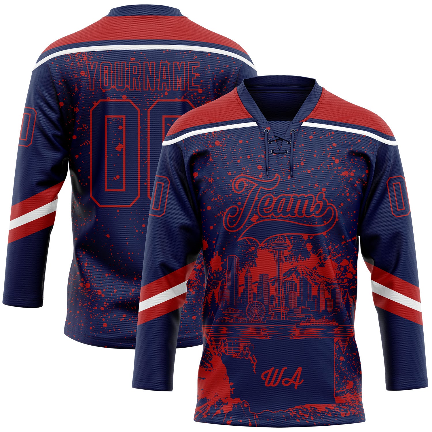 FansIdea Custom Navy Red-White Seattle WA City Skyline State Pride Paint Splatter Lace Neck Hockey Jersey - $29.99 at Proof Eyewear