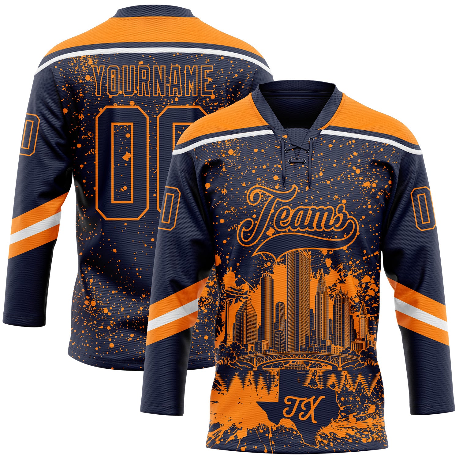 FansIdea Custom Navy Bay Orange-White Houston TX City Skyline State Pride Paint Splatter Lace Neck Hockey Jersey - $29.99 at Proof Eyewear