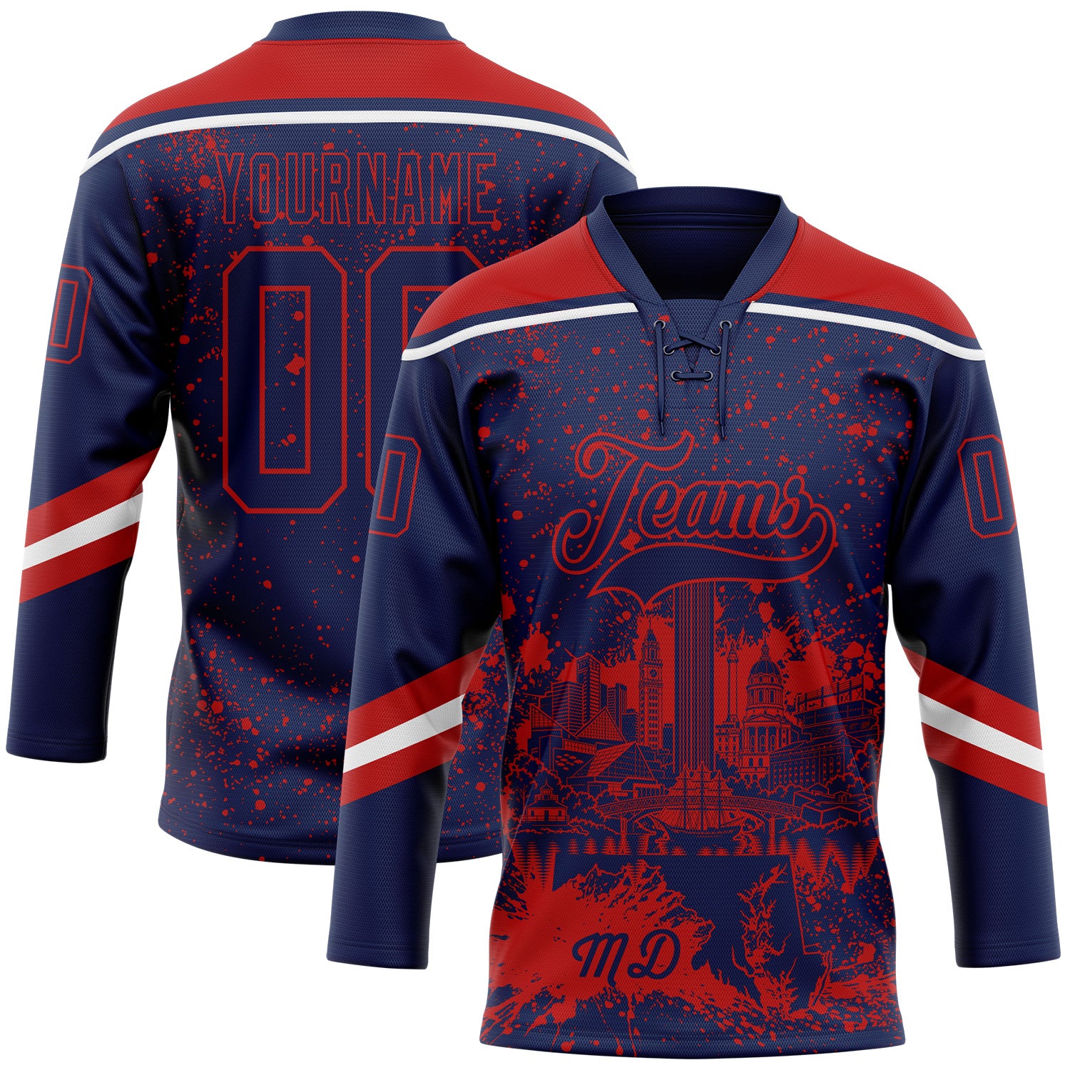 FansIdea Custom Navy Red-White Baltimore MD City Skyline State Pride Paint Splatter Lace Neck Hockey Jersey - $29.99 at Proof Eyewear