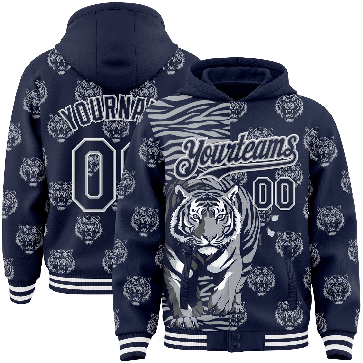 FansIdea Custom Navy Gray-White Tiger Stripe Print Bomber Full-Snap Varsity Letterman Hoodie Jacket - $38.99 at Proof Eyewear