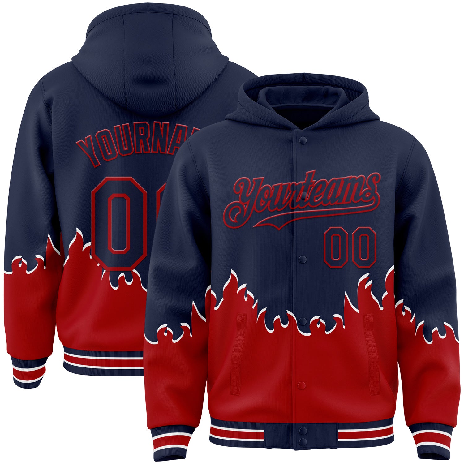 FansIdea Custom Navy-Red Fire Flame Bomber Full-Snap Varsity Letterman Hoodie Jacket - $38.99 at Proof Eyewear