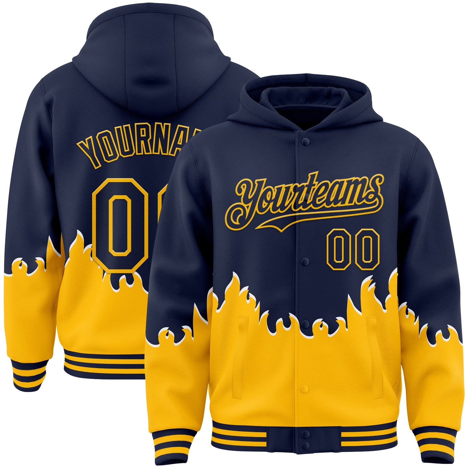FansIdea Custom Navy-Gold Fire Flame Bomber Full-Snap Varsity Letterman Hoodie Jacket - $38.99 at Proof Eyewear