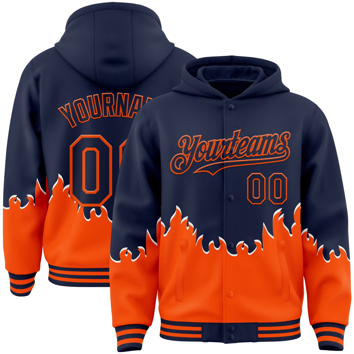 FansIdea Custom Navy-Orange Fire Flame Bomber Full-Snap Varsity Letterman Hoodie Jacket - $38.99 at Proof Eyewear