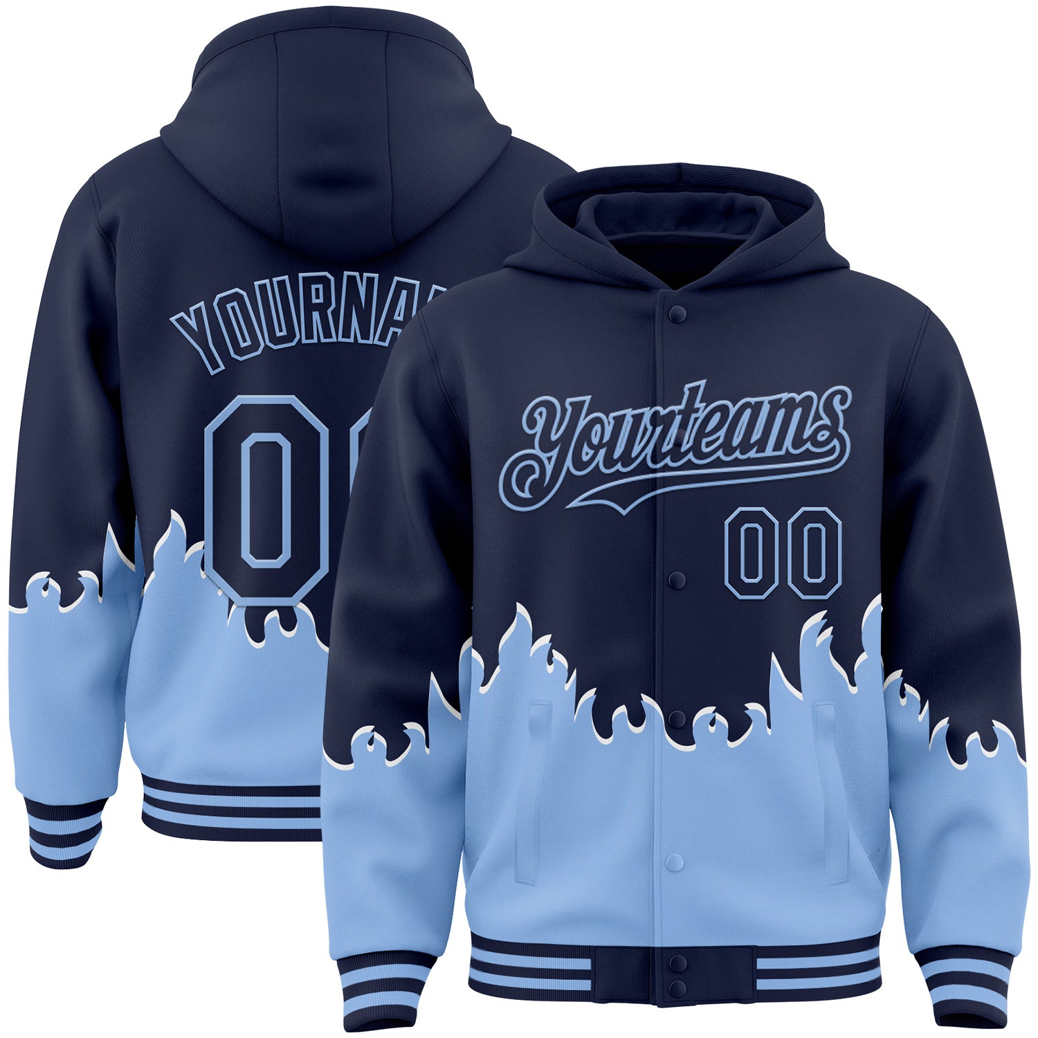 FansIdea Custom Navy-Light Blue Fire Flame Bomber Full-Snap Varsity Letterman Hoodie Jacket - $38.99 at Proof Eyewear