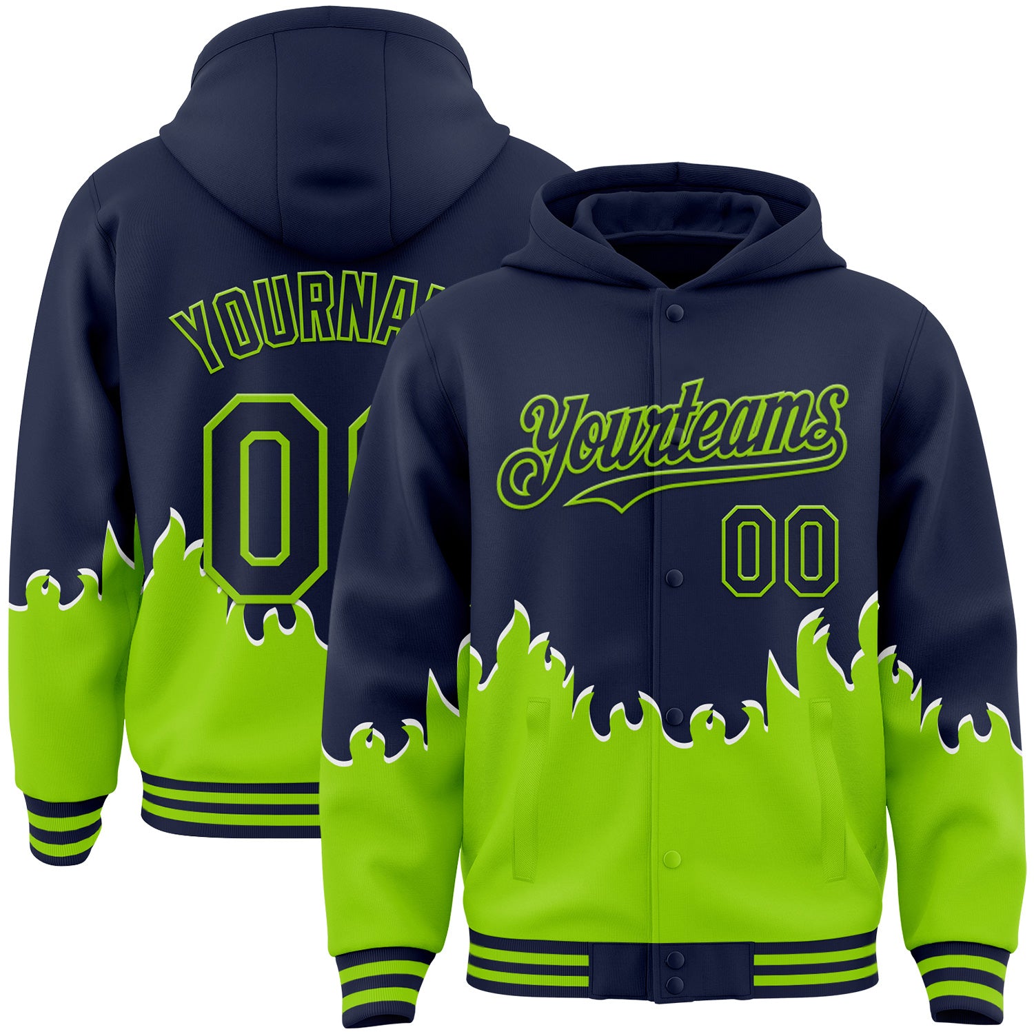FansIdea Custom Navy-Neon Green Fire Flame Bomber Full-Snap Varsity Letterman Hoodie Jacket - $38.99 at Proof Eyewear