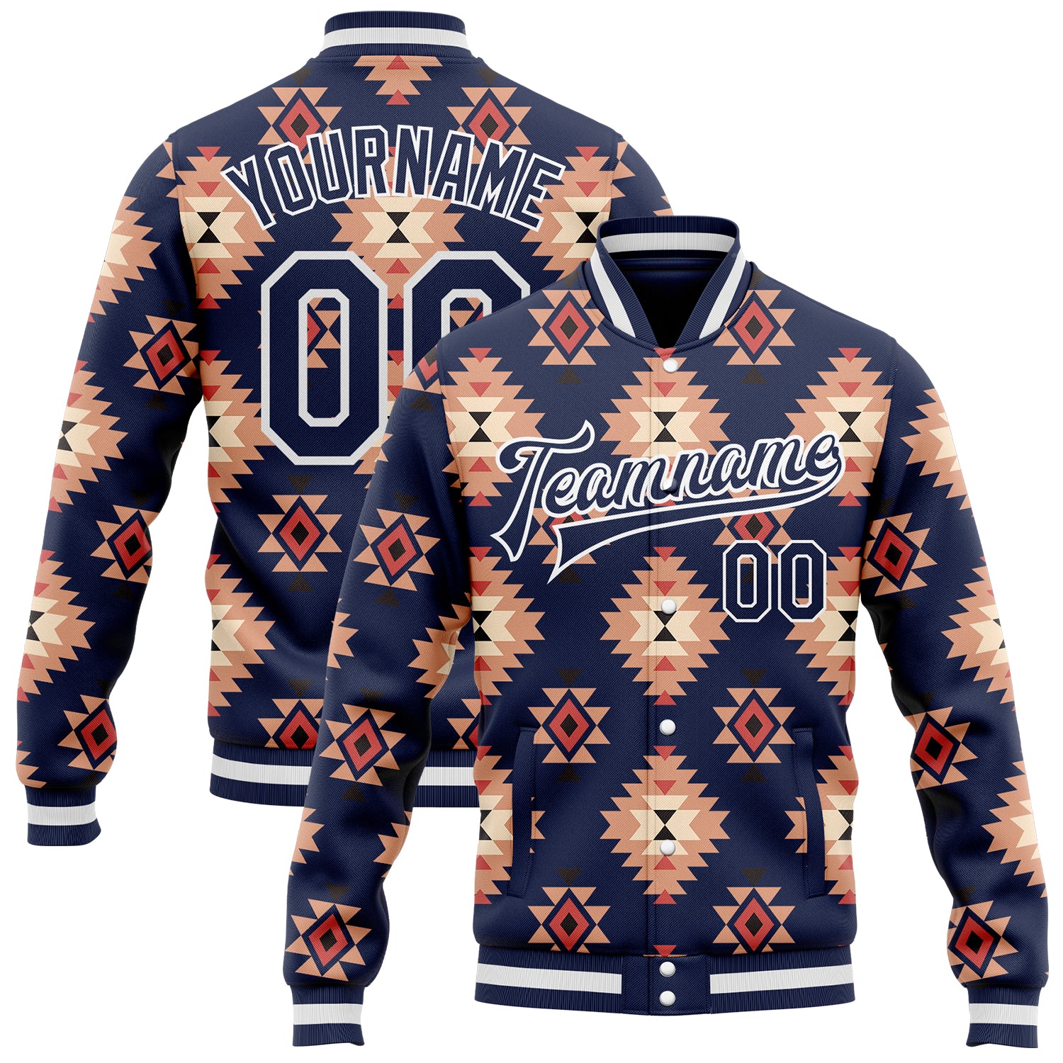 FansIdea Custom Navy-White Southwestern Geometric Aztec Bomber Full-Snap Varsity Letterman Jacket - $38.99 at Proof Eyewear