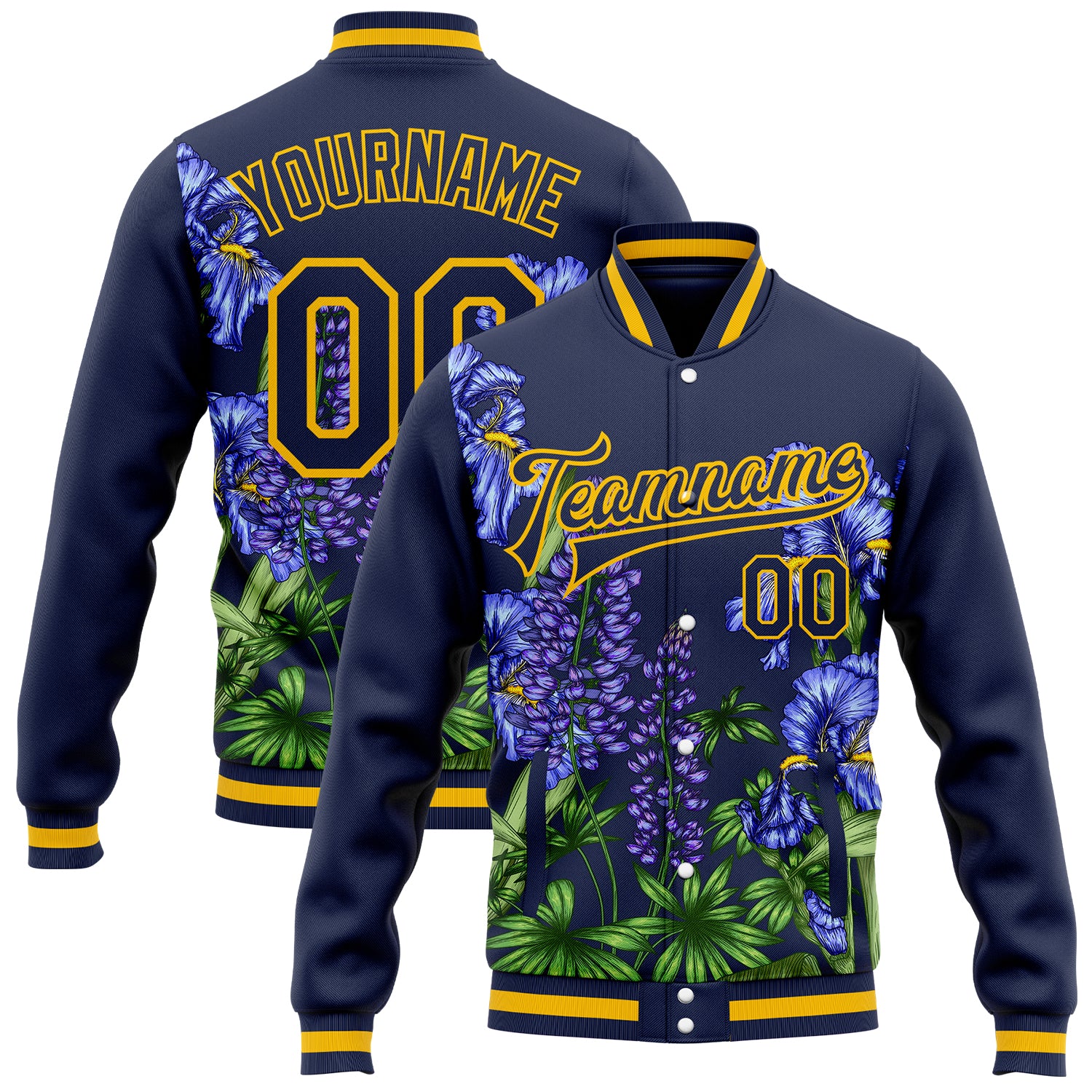 FansIdea Custom Navy Gold-White Texas State Flower Bluebonnet Bomber Full-Snap Varsity Letterman Jacket - $38.99 at Proof Eyewear