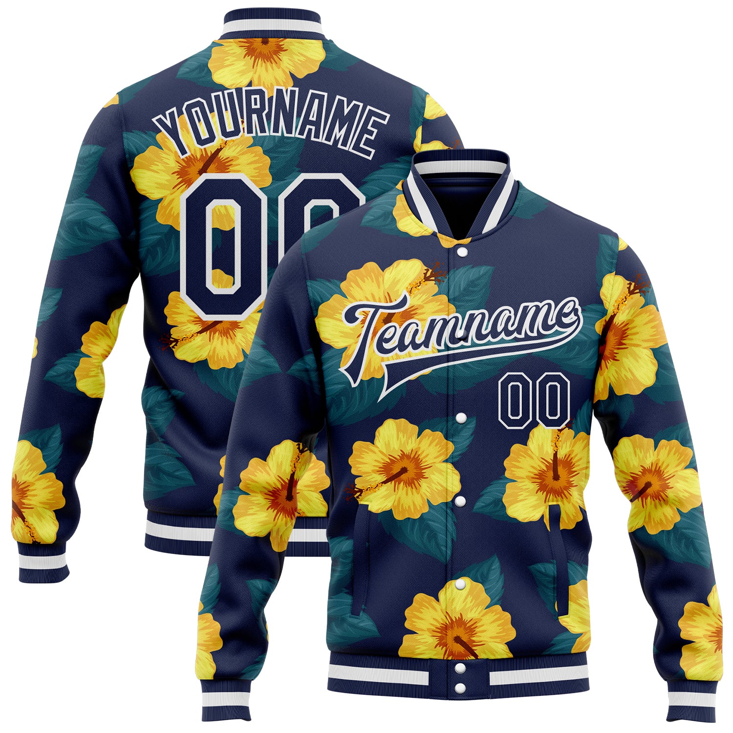 FansIdea Custom Navy-White Hawaii State Flower Yellow Hibiscus Bomber Full-Snap Varsity Letterman Jacket - $38.99 at Proof Eyewear