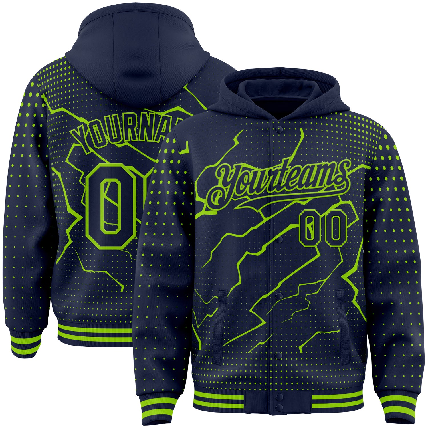 FansIdea Custom Navy-Neon Green Lightning Polka Dot 3D Pattern Bomber Full-Snap Varsity Letterman Hoodie Jacket - $38.99 at Proof Eyewear