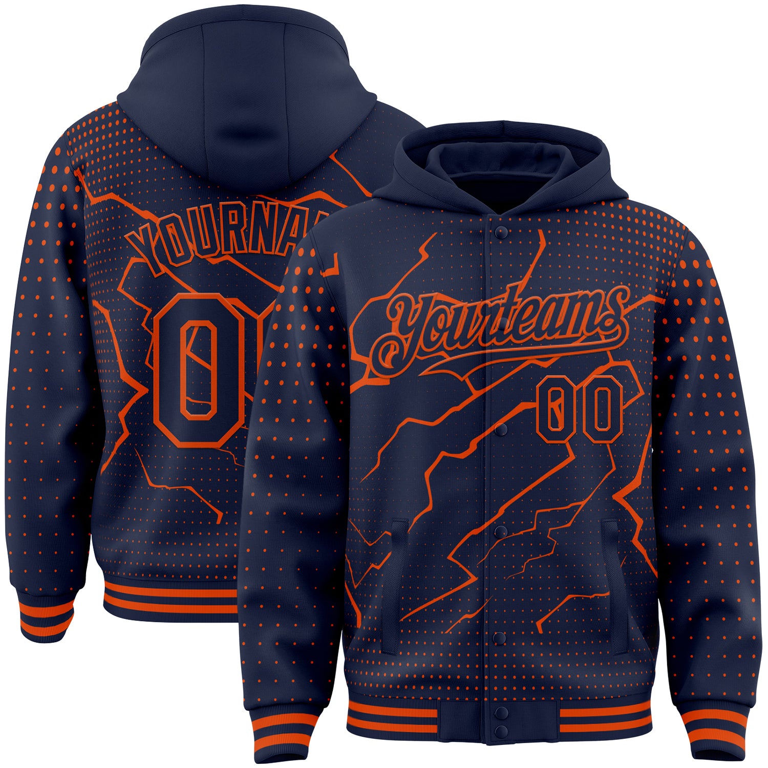 FansIdea Custom Navy-Orange Lightning Polka Dot 3D Pattern Bomber Full-Snap Varsity Letterman Hoodie Jacket - $38.99 at Proof Eyewear