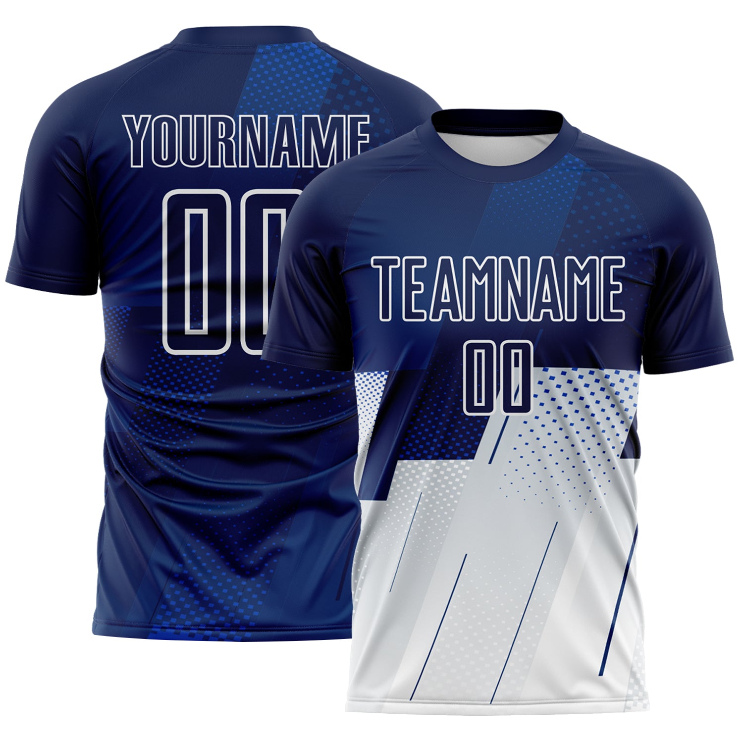 FansIdea Custom Navy Blue-White Geometric Diagonal Block Halftone Grid Sublimation Soccer Uniform Jersey - $16.99 at Proof Eyewear