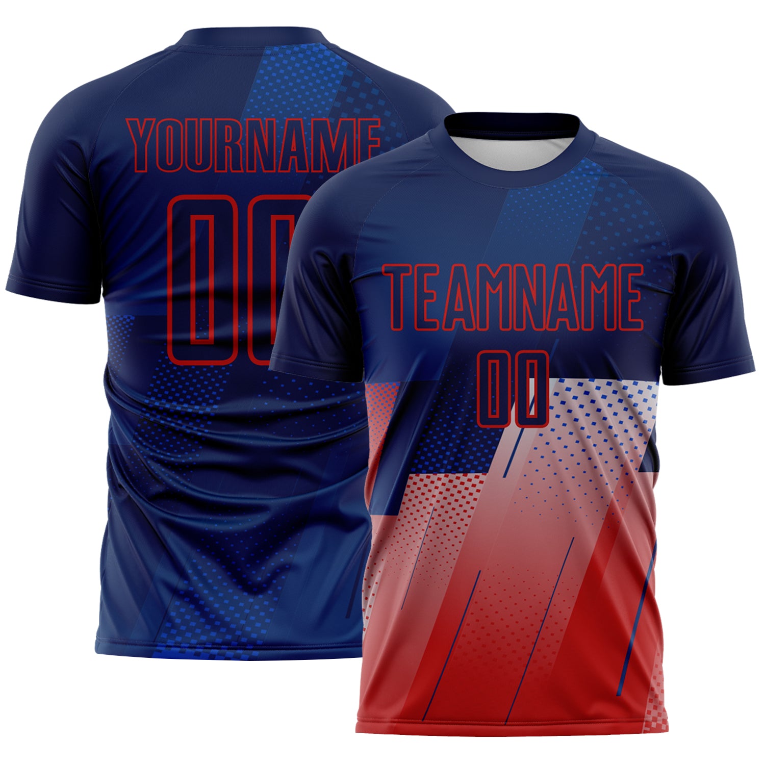 FansIdea Custom Navy Blue-Red Geometric Diagonal Block Halftone Grid Sublimation Soccer Uniform Jersey - $16.99 at Proof Eyewear