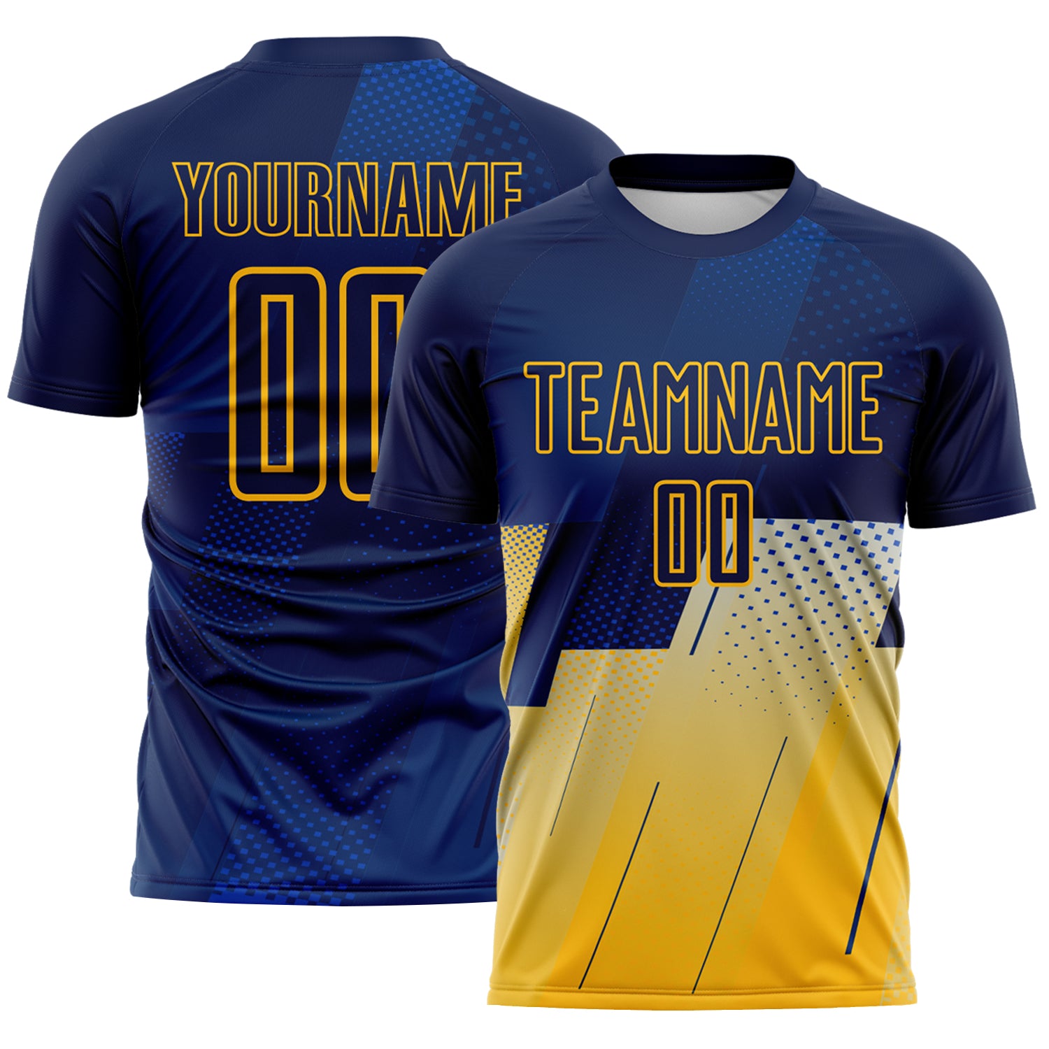 FansIdea Custom Navy Blue-Gold Geometric Diagonal Block Halftone Grid Sublimation Soccer Uniform Jersey - $16.99 at Proof Eyewear