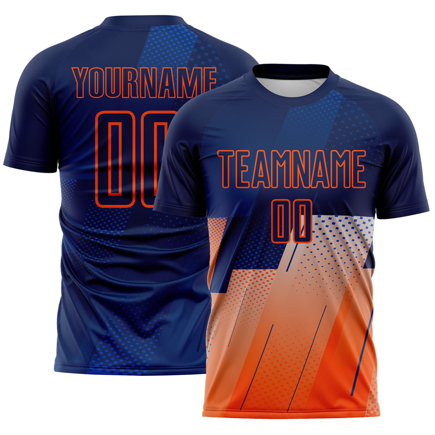 FansIdea Custom Navy Blue-Orange Geometric Diagonal Block Halftone Grid Sublimation Soccer Uniform Jersey - $16.99 at Proof Eyewear