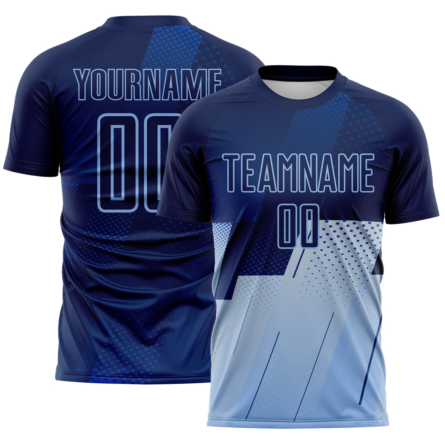 FansIdea Custom Navy Blue-Light Blue Geometric Diagonal Block Halftone Grid Sublimation Soccer Uniform Jersey - $16.99 at Proof Eyewear