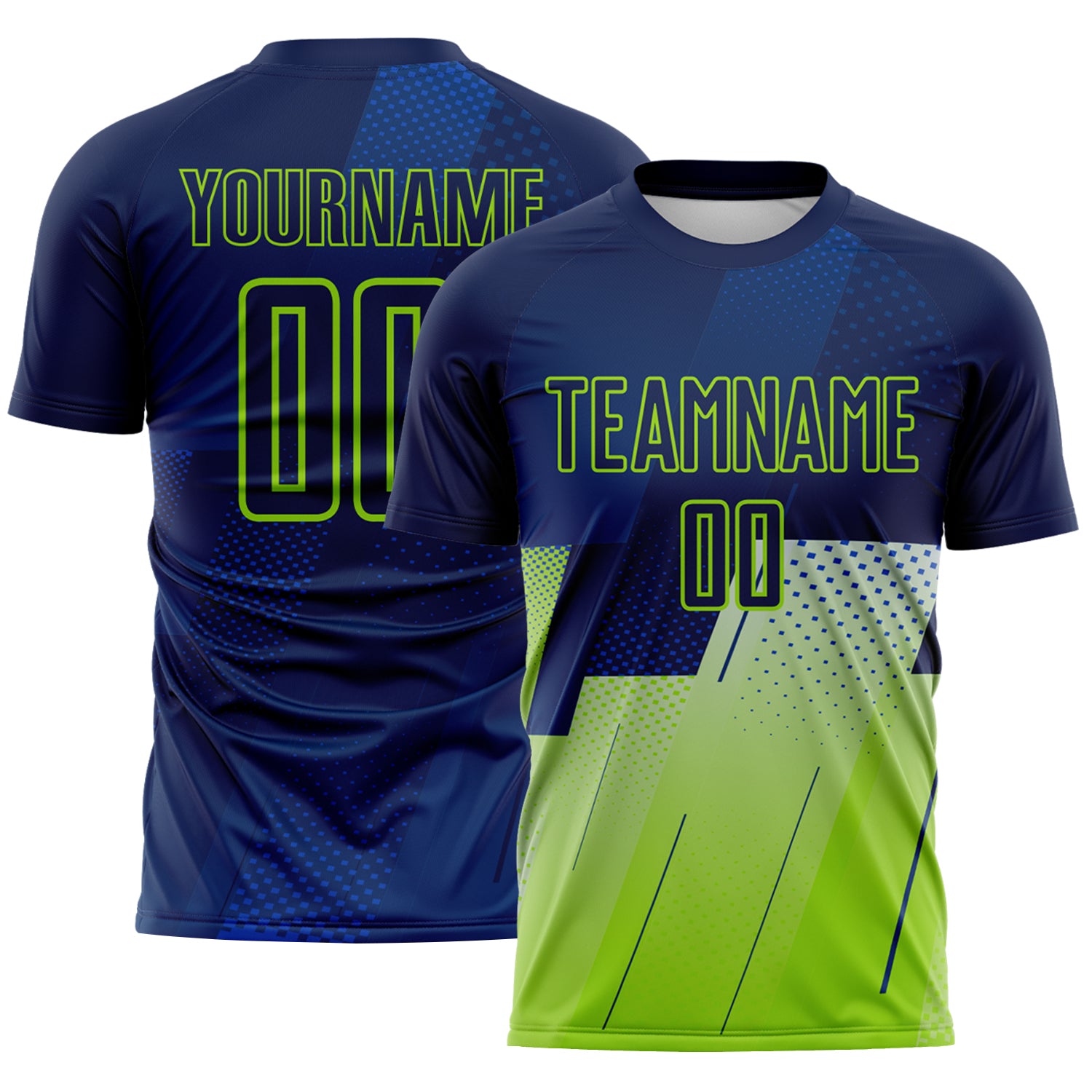 FansIdea Custom Navy Blue-Neon Green Geometric Diagonal Block Halftone Grid Sublimation Soccer Uniform Jersey - $16.99 at Proof Eyewear