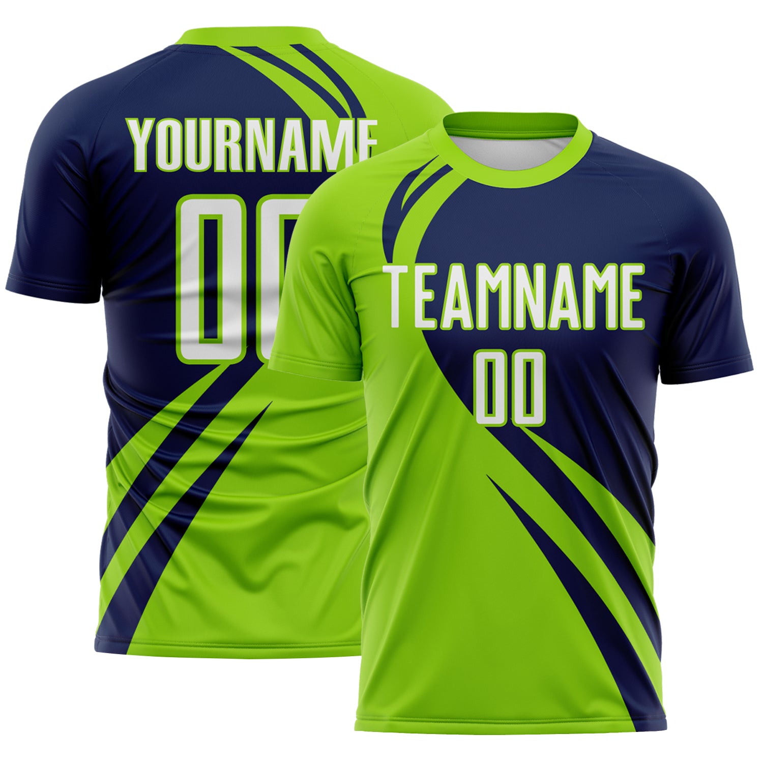 FansIdea Custom Neon Green White-Navy Diagonal Streamline Color Block Swirl Curve Lines Sublimation Soccer Uniform Jersey - $16.99 at Proof Eyewear