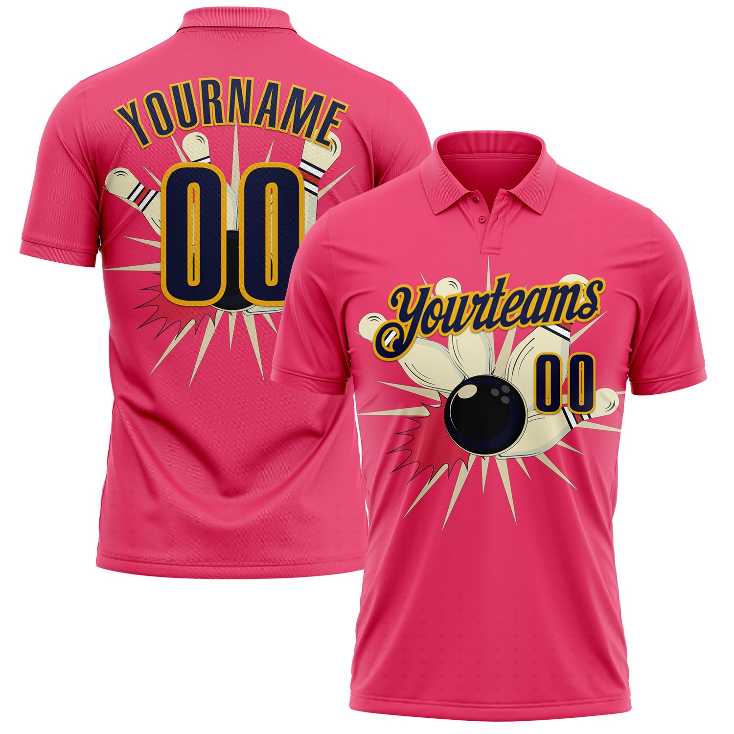 FansIdea Custom Neon Pink Navy-Gold Bowling Ball And Pins Strike Performance Polo Shirt - $19.99 at Proof Eyewear