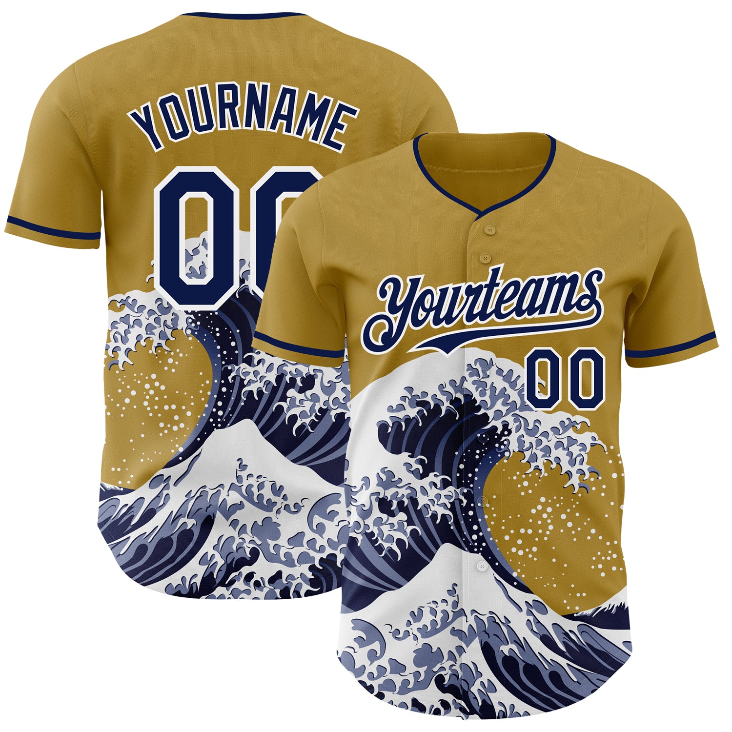FansIdea Custom Old Gold Navy-White Japanese Wave Authentic Baseball Jersey - $29.99 at Proof Eyewear