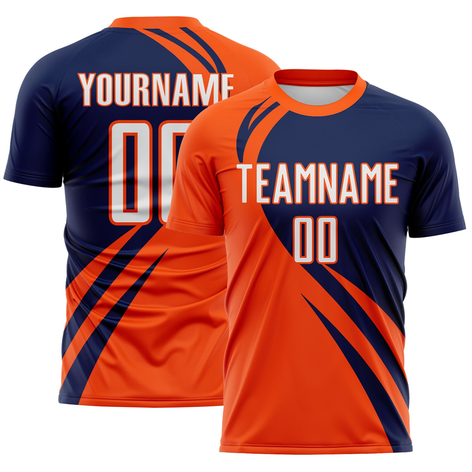 FansIdea Custom Orange White-Navy Diagonal Streamline Color Block Swirl Curve Lines Sublimation Soccer Uniform Jersey - $16.99 at Proof Eyewear