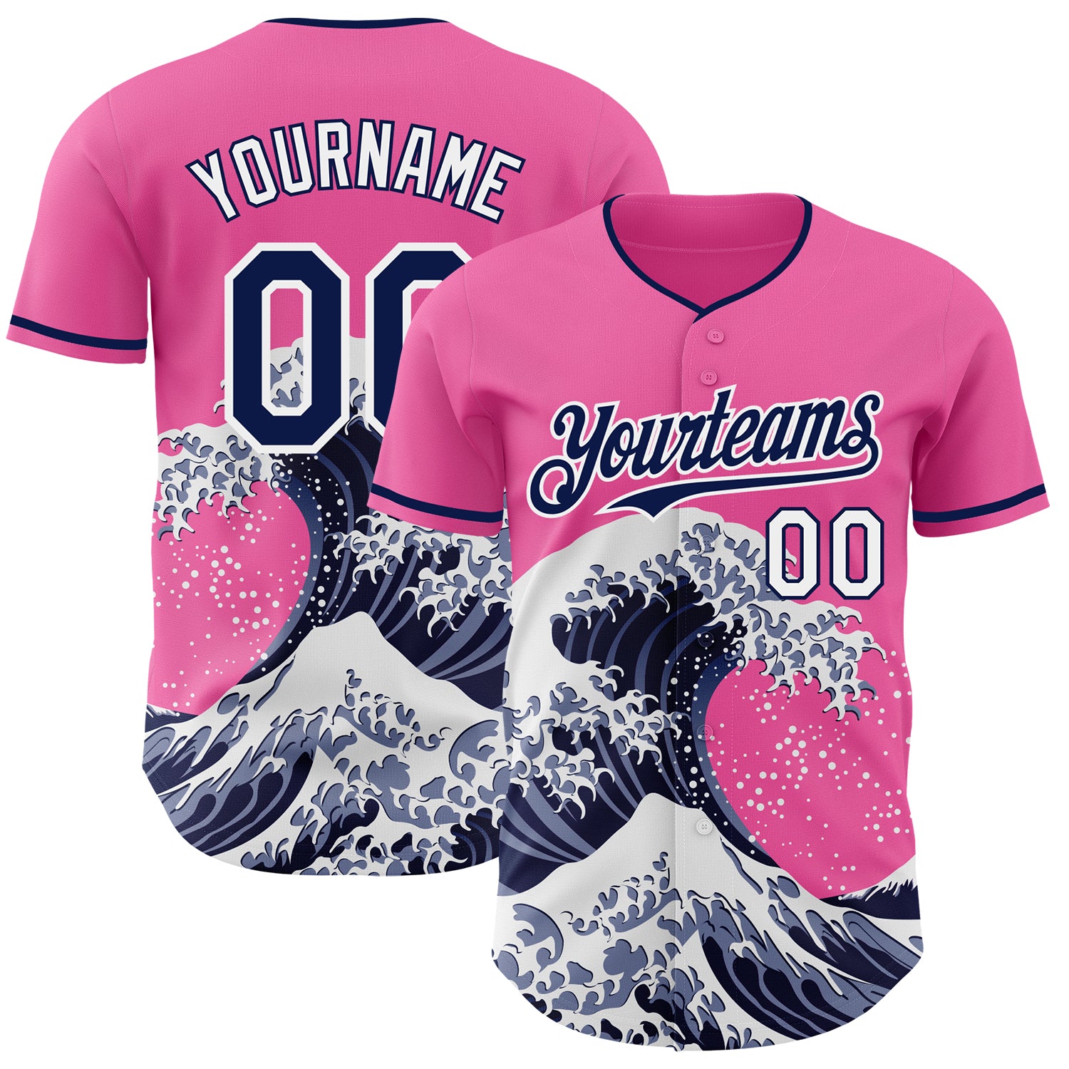 FansIdea Custom Pink Navy-White Japanese Wave Authentic Baseball Jersey - $29.99 at Proof Eyewear