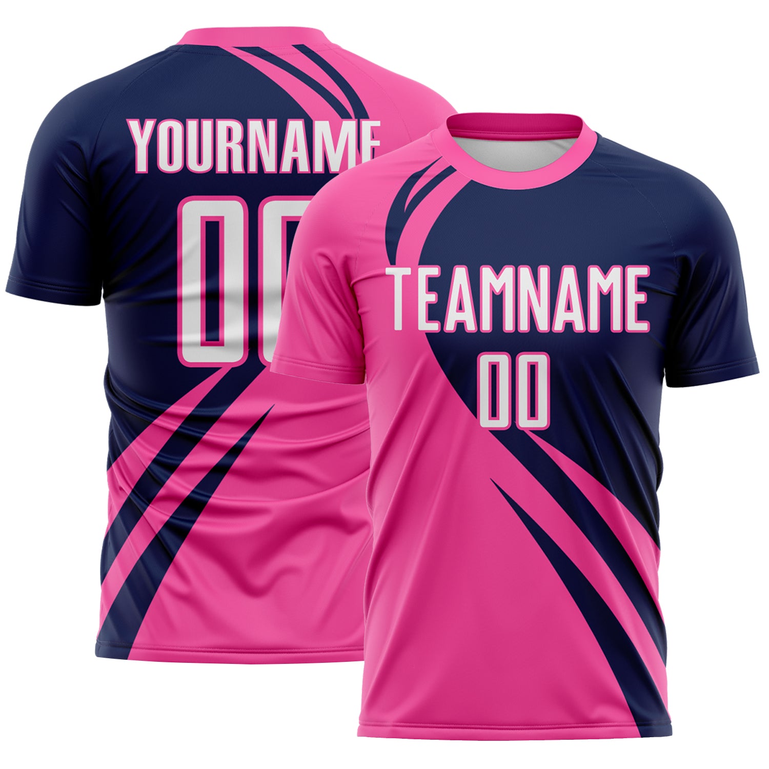 FansIdea Custom Pink White-Navy Diagonal Streamline Color Block Swirl Curve Lines Sublimation Soccer Uniform Jersey - $16.99 at Proof Eyewear