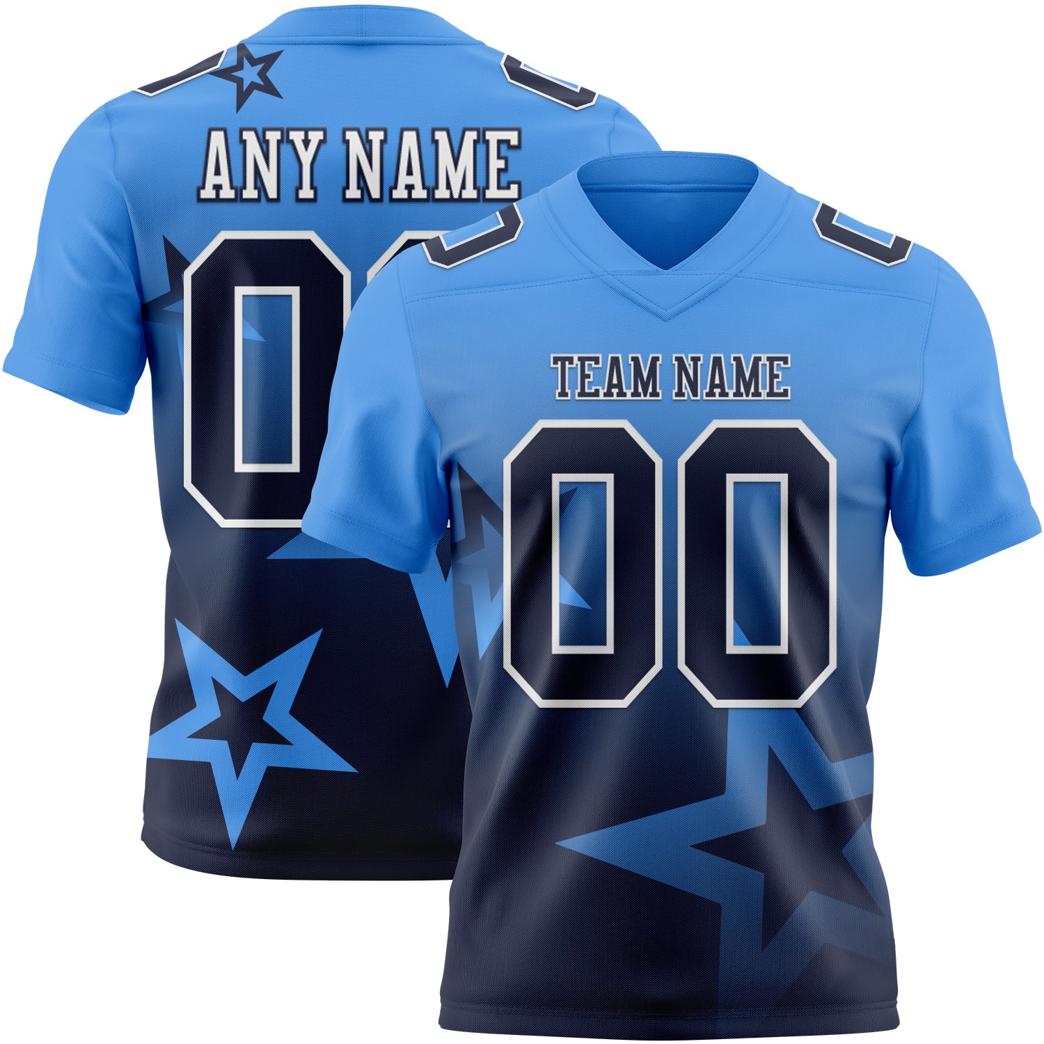 FansIdea Custom Powder Blue Navy-White Authentic Gradient Style Twinkle Star Football Jersey - $19.99 at Proof Eyewear