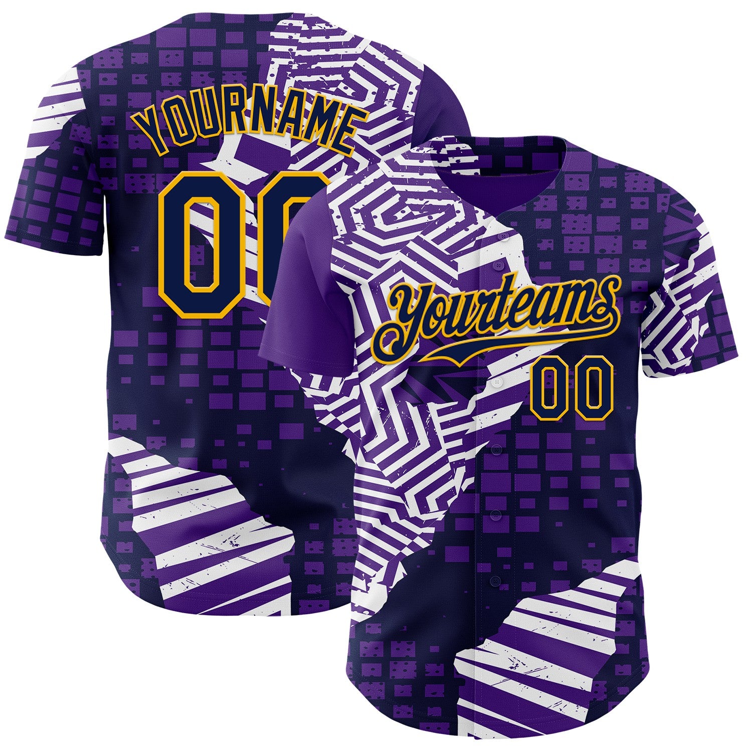 FansIdea Custom Purple Navy-Gold Geometric Patchwork Asymmetry Torn Authentic Baseball Jersey - $29.99 at Proof Eyewear