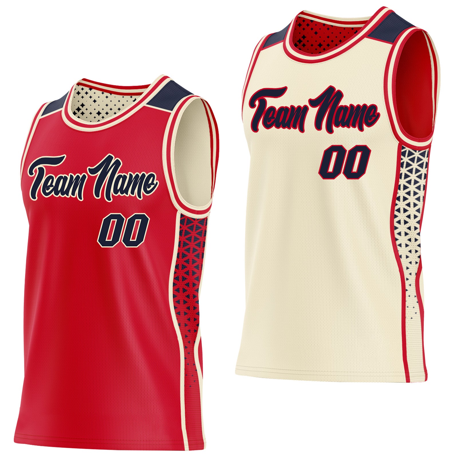 FansIdea Custom Red Navy-Cream Side Panel Stripe Geometric Triangle Gradient Dot Reversible Double Side Sublimation Basketball Set Jersey - $17.99 at Proof Eyewear