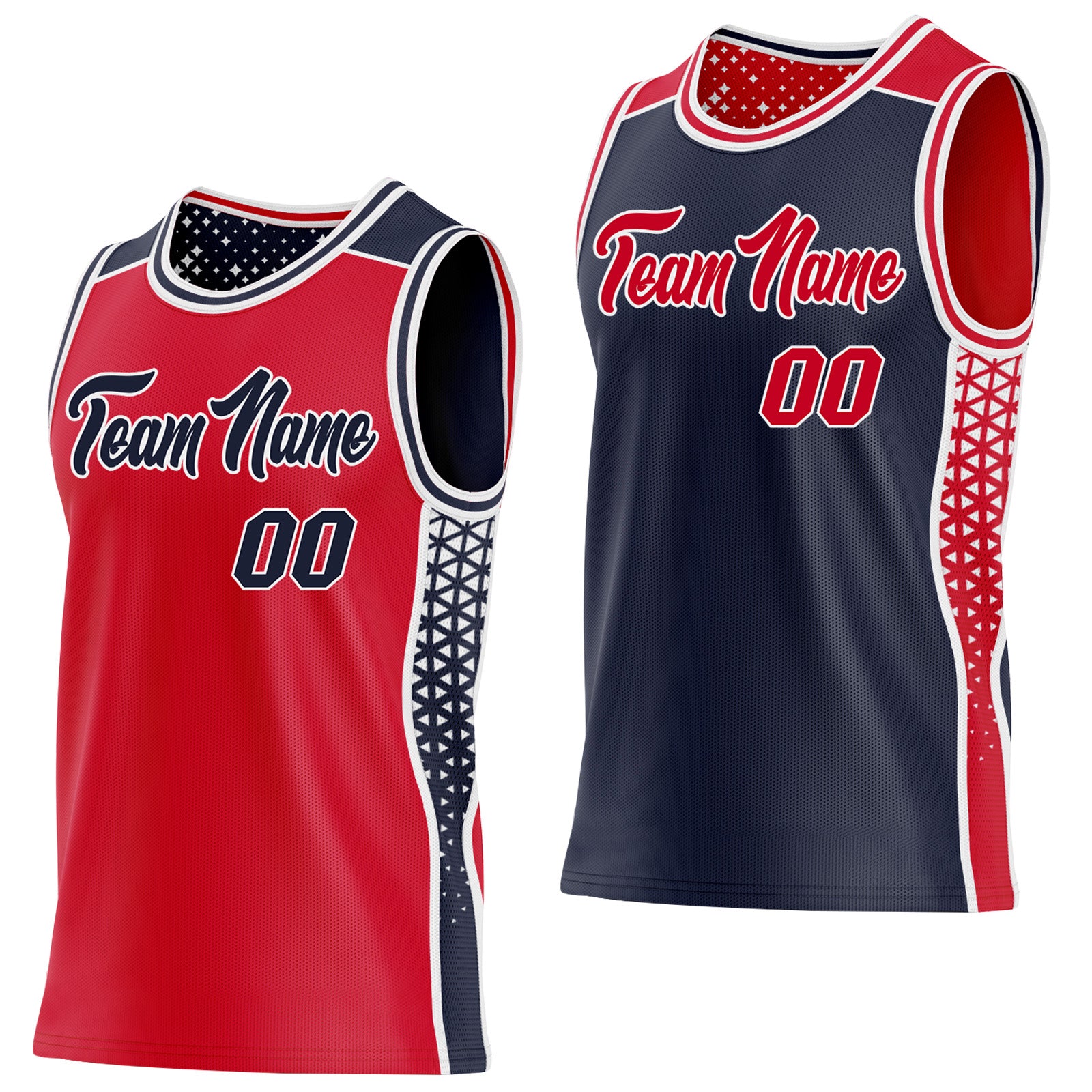 FansIdea Custom Red Navy-White Side Panel Stripe Geometric Triangle Gradient Dot Reversible Double Side Sublimation Basketball Set Jersey - $17.99 at Proof Eyewear